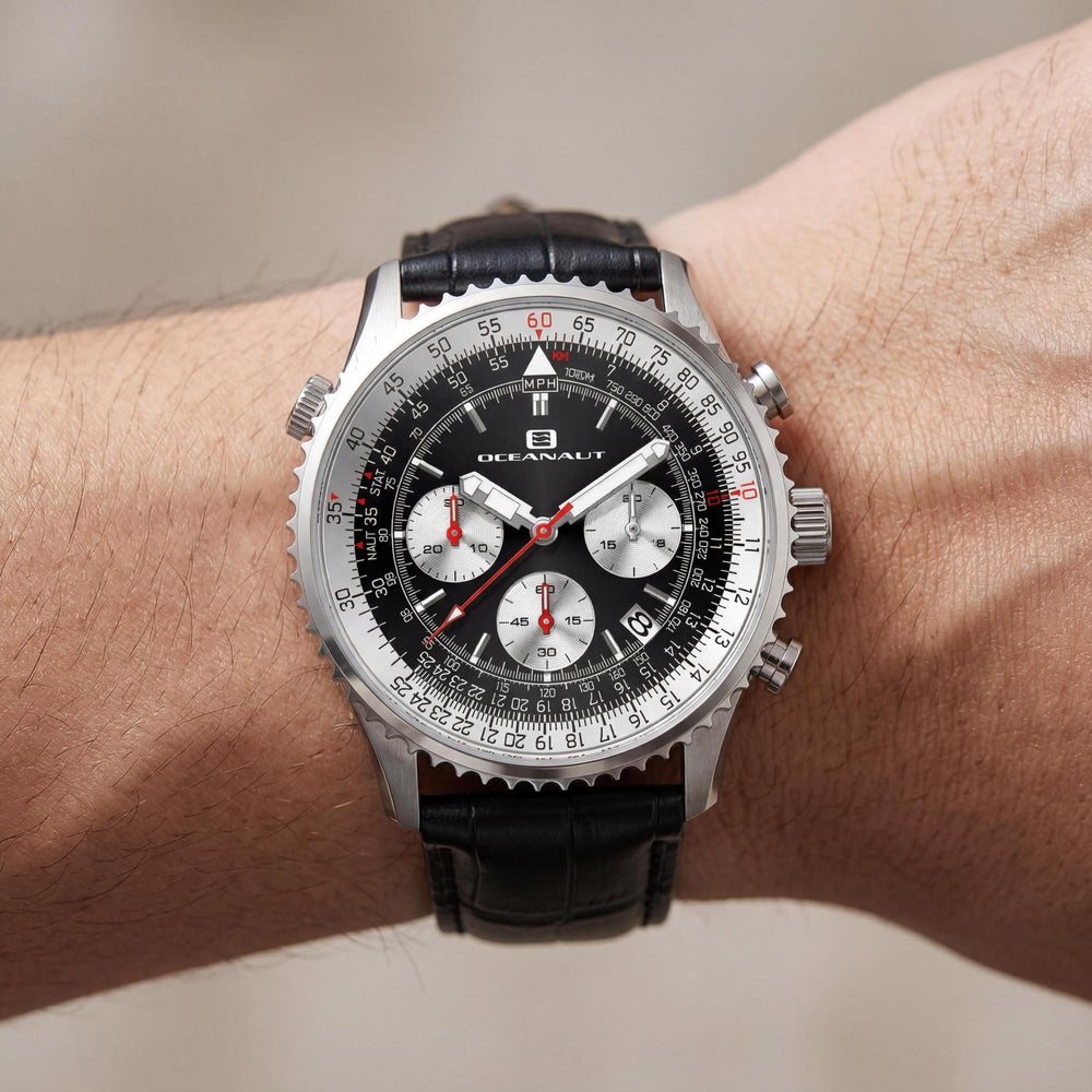 Reloj cronógrafo Oceanaut Strap para hombre, de acero inoxidable y cuero, color negro