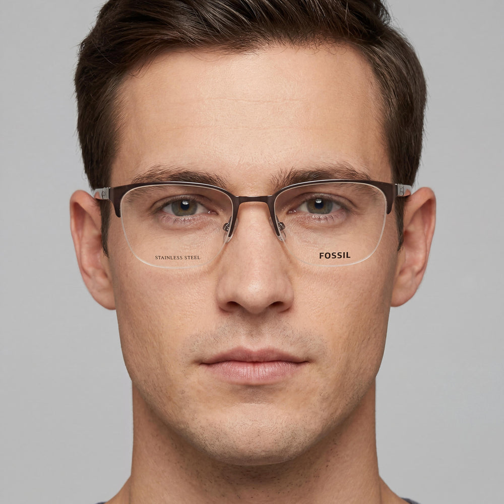 Gafas Fossil Fos 7110/G para hombre, cuadradas, de acero inoxidable, semi-sin montura, color marrón mate, con lentes transparentes de policarbonato, 54 mm