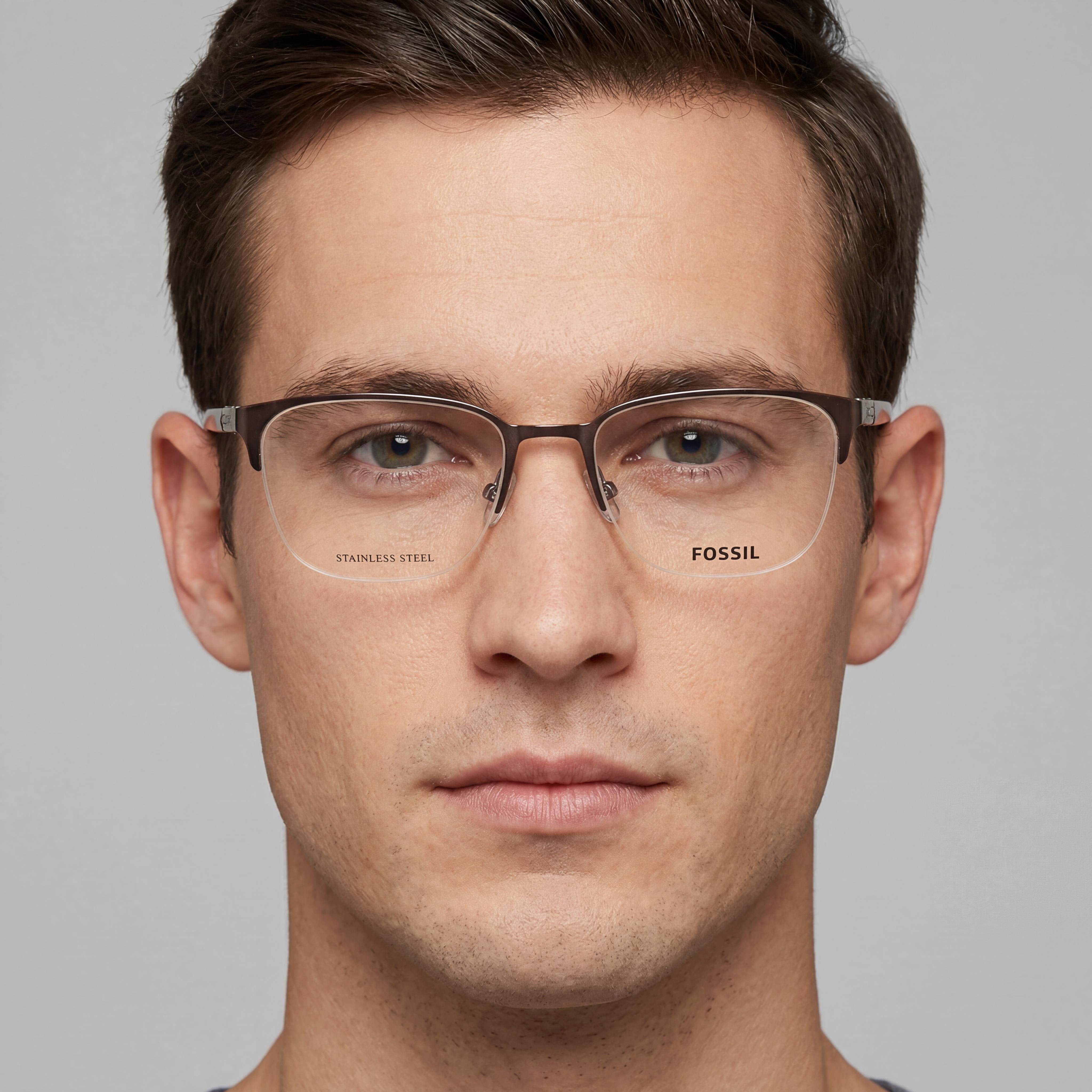 Gafas Fossil Fos 7110/G para hombre, cuadradas, de acero inoxidable, semi-sin montura, color marrón mate, con lentes transparentes de policarbonato, 54 mm, Photo 3