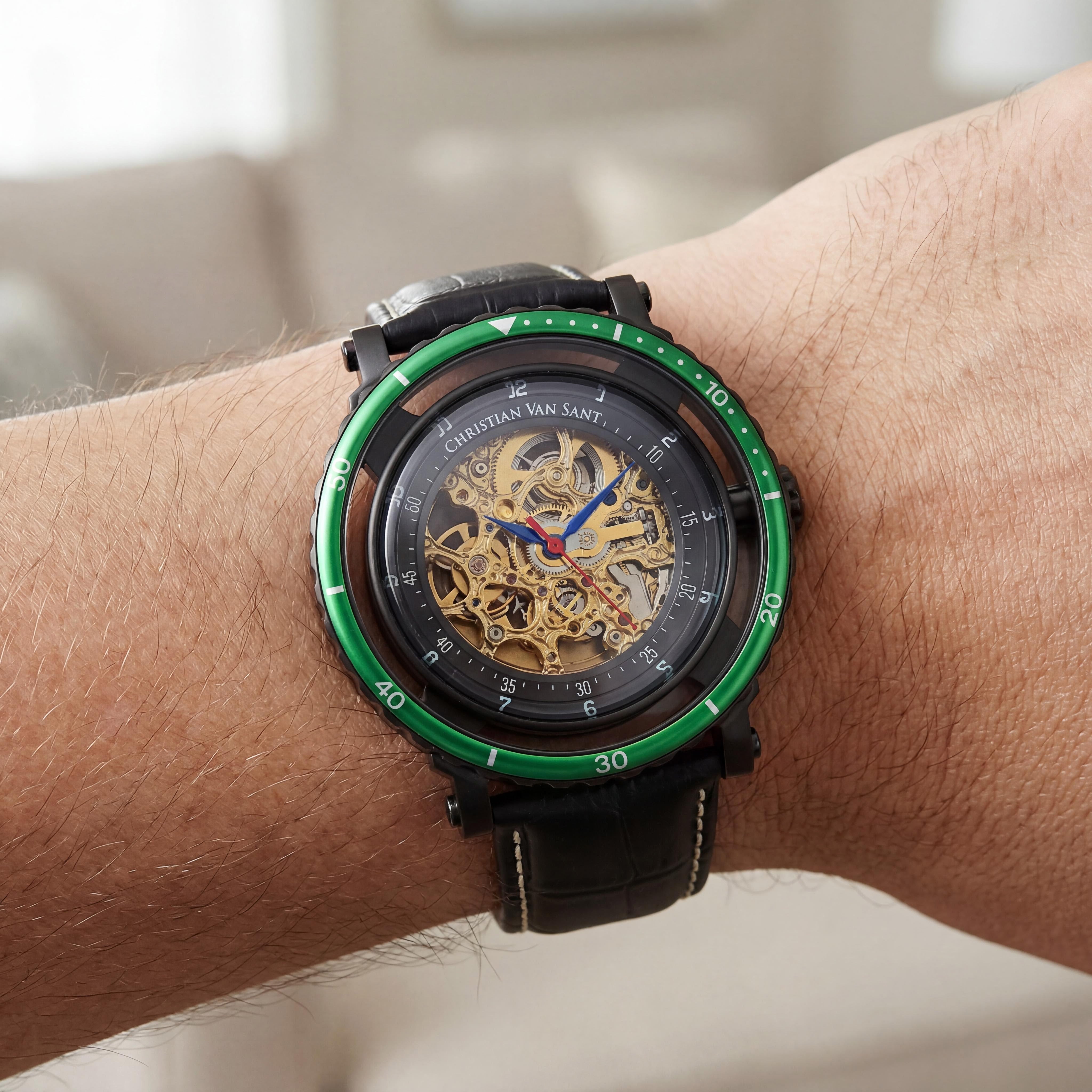 Reloj Christian Van Sant informal de acero inoxidable negro para hombre, esfera esqueleto dorada, cronómetro, regla de cálculo, caja de 45 mm, Photo 4