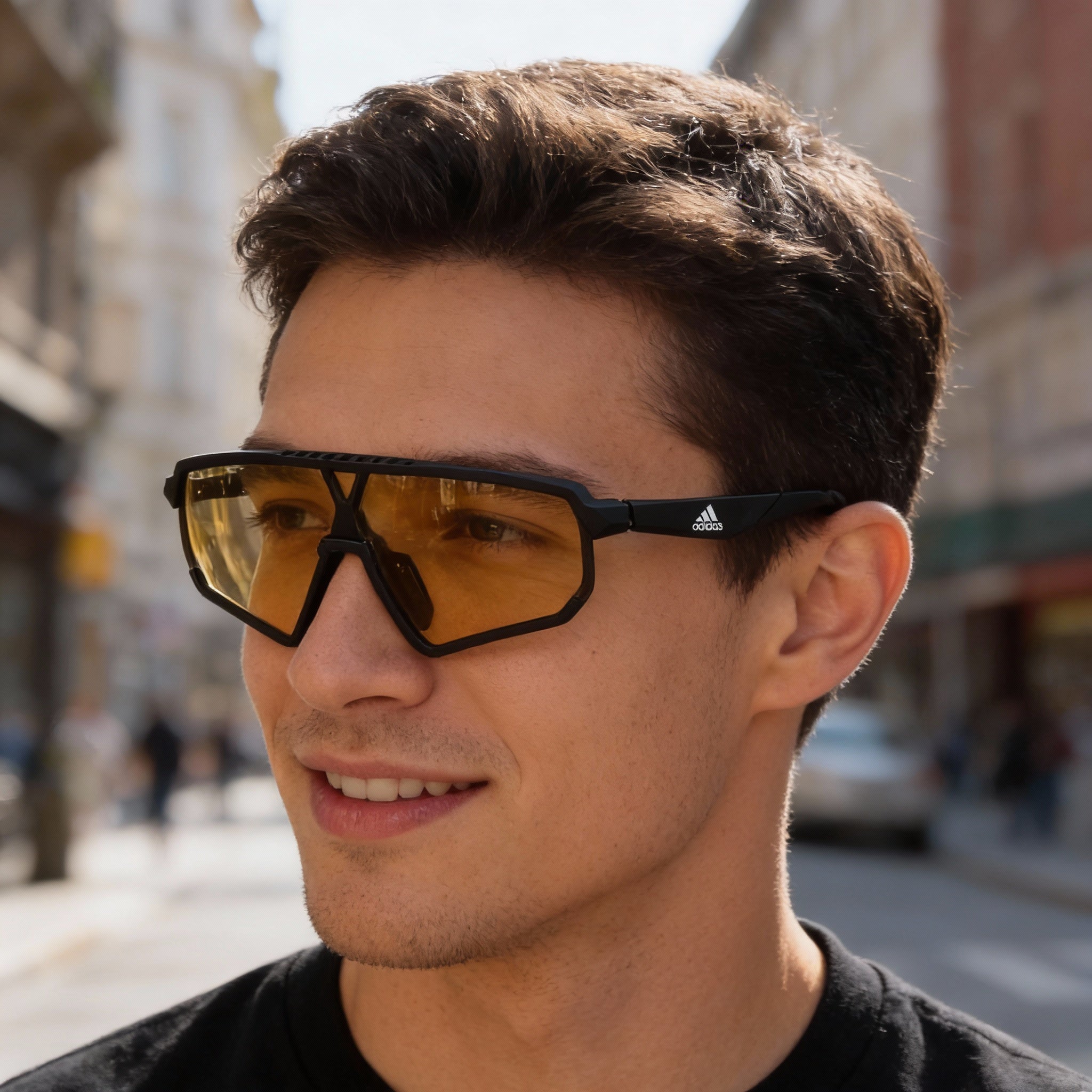 adidas Contemporaneo Sunglasses for Men Matte Black Plastic Shield Yellow Grey UV Protection 59, Photo 5
