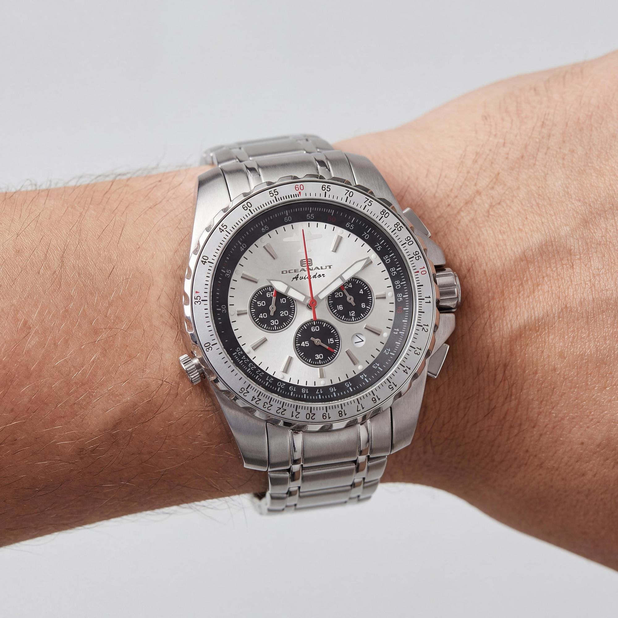 Oceanaut Aviador Pilot Men's Silver Chronograph Quartz Movement Watch with Rotating Bezel and Date Display 45mm, Photo 4