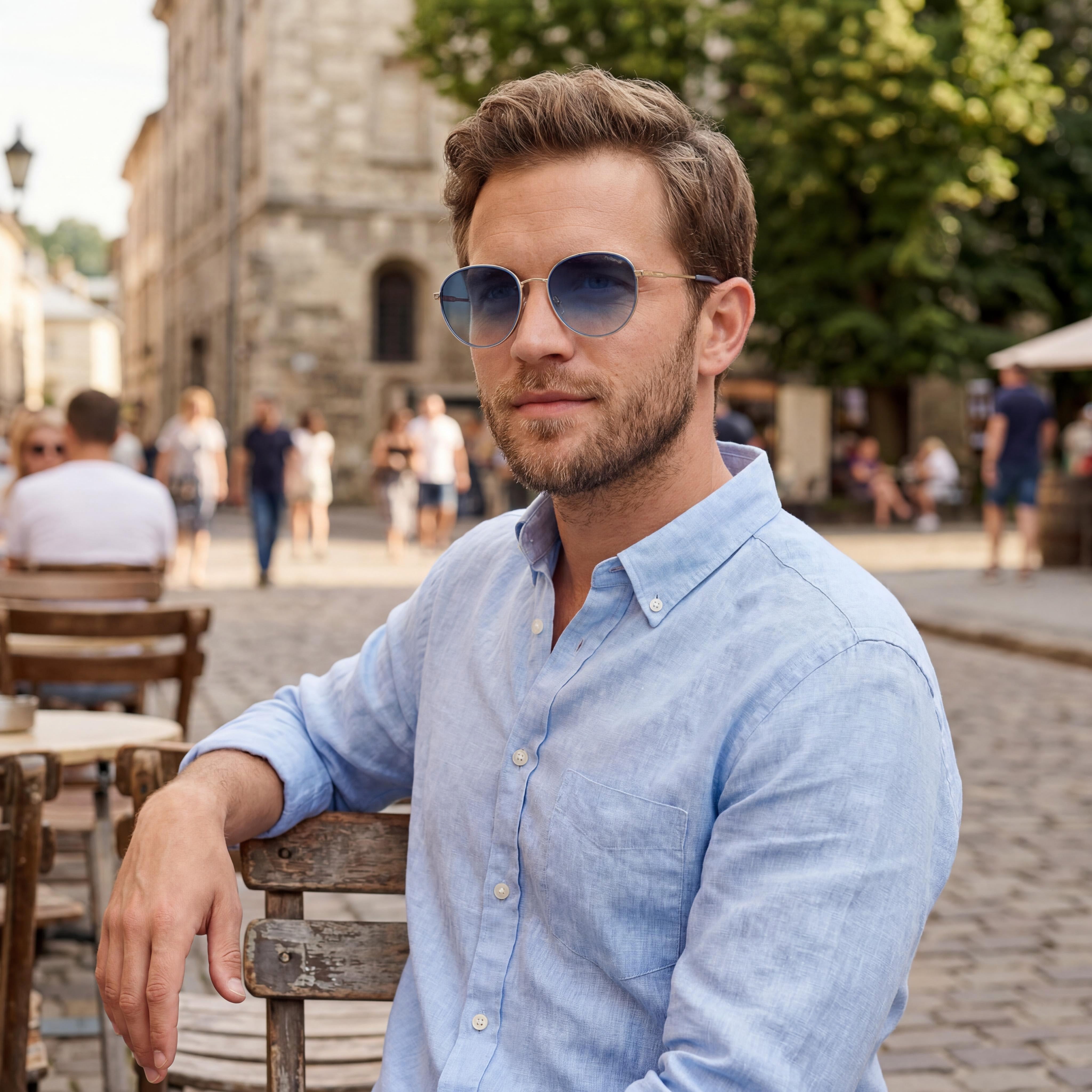 Gafas de sol polarizadas Polaroid casual para hombre, montura de acero inoxidable azul dorado, lentes azules sombreadas, ancho de lente 56 mm, Photo 4