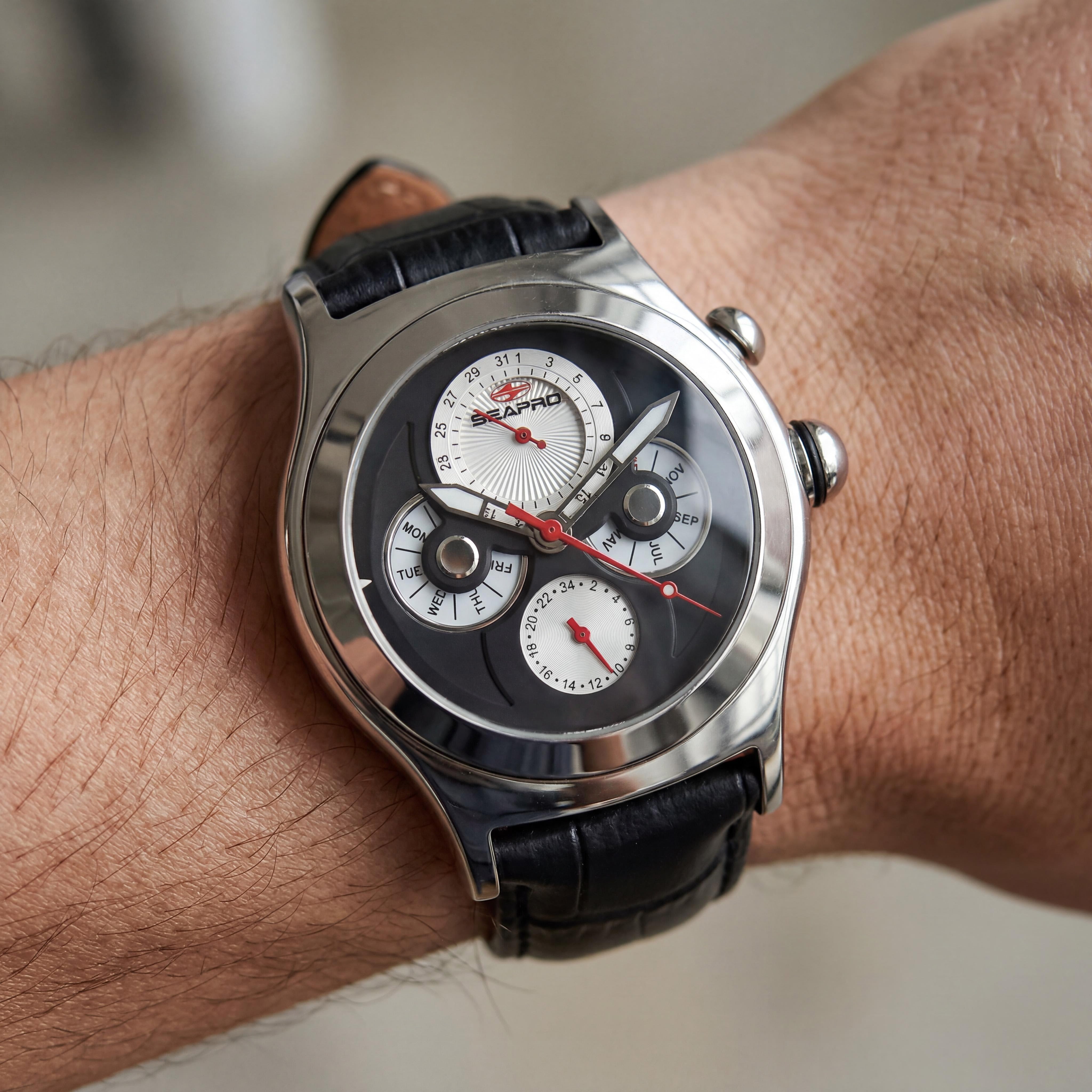Seapro correa Reloj de cuarzo multifunción negro para hombre con esfera negra, 50 m resistente al agua, cristal mineral resistente a los arañazos, Photo 4