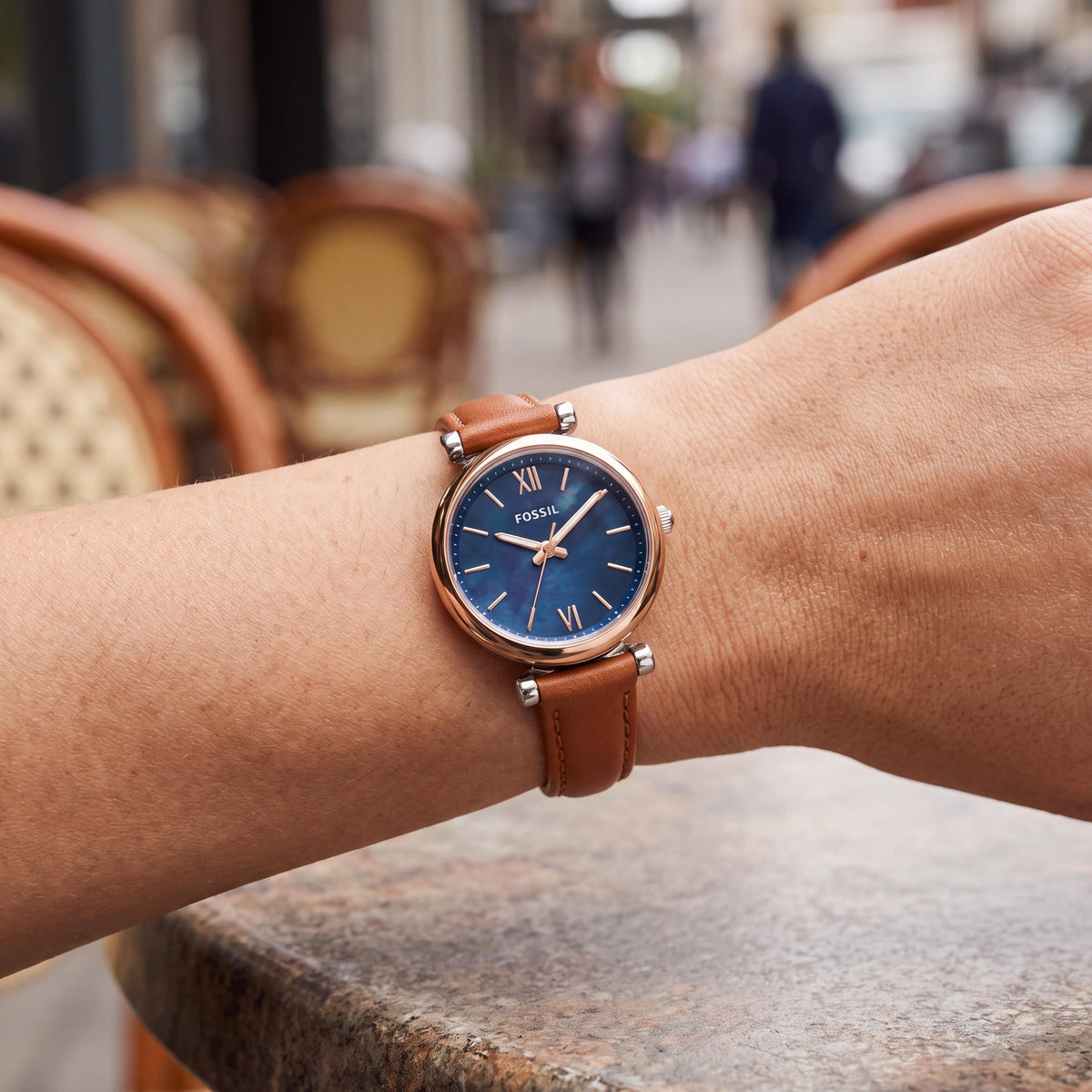 Fossil Carlie Mini Women's Brown Leather Strap Rose Gold Blue Dial Water Resistant 28mm Watch, Photo 4