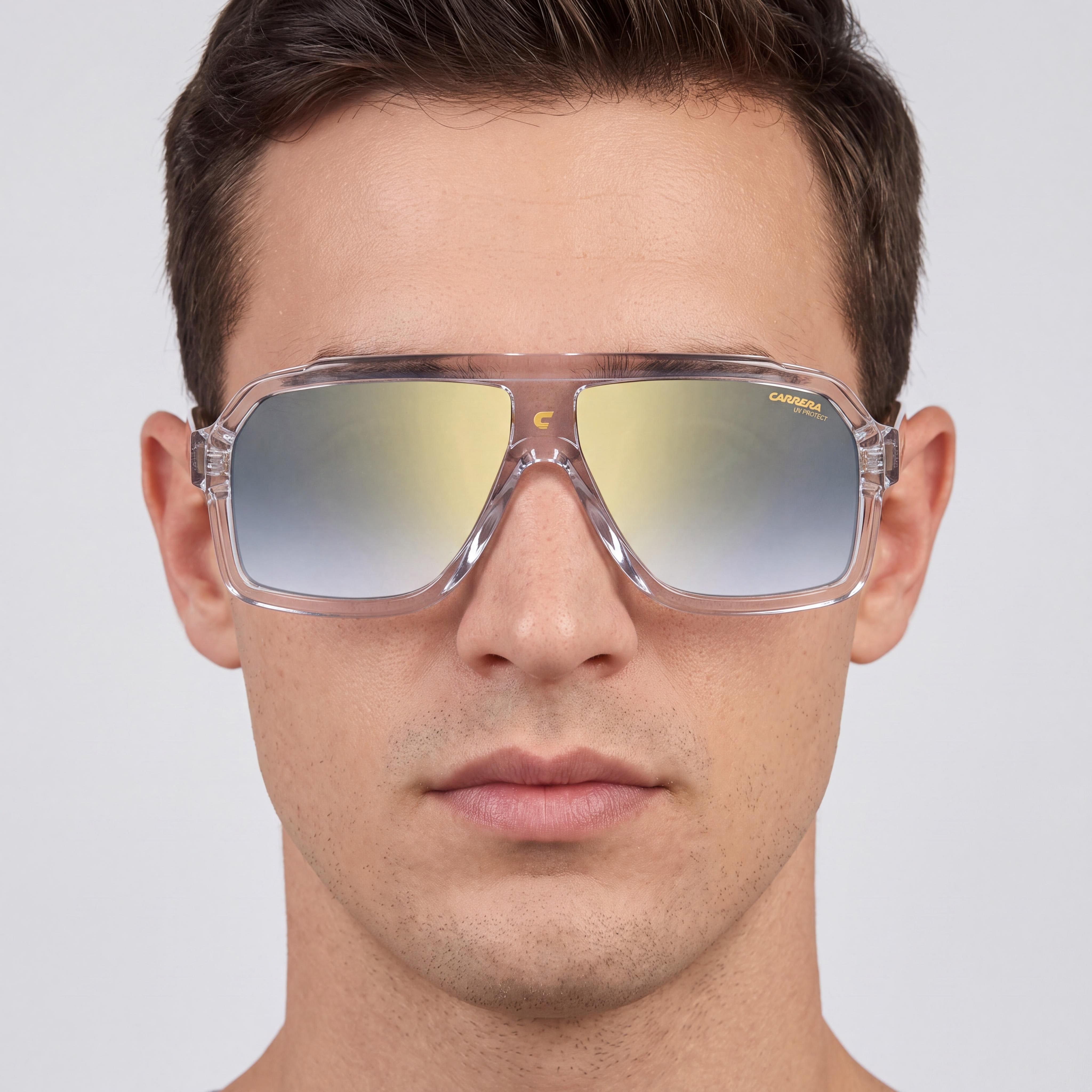 Gafas de sol Carrera Classic 1053/S unisex con montura de acetato transparente, lentes azules degradadas con efecto espejo dorado y protección UV de 60 mm, Photo 4