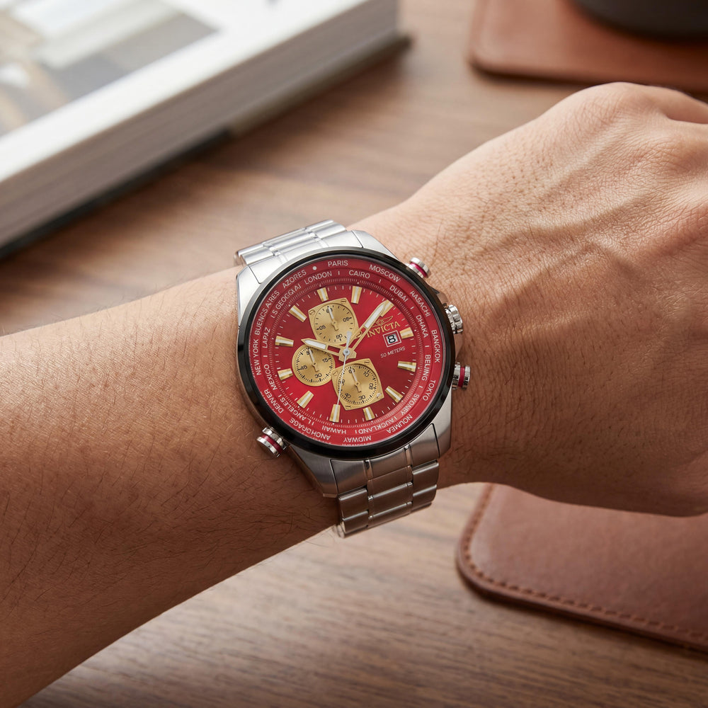 Invicta Aviator 50502 Reloj de pulsera para hombre de 50 mm, cronógrafo de cuarzo, de acero inoxidable plateado, esfera roja