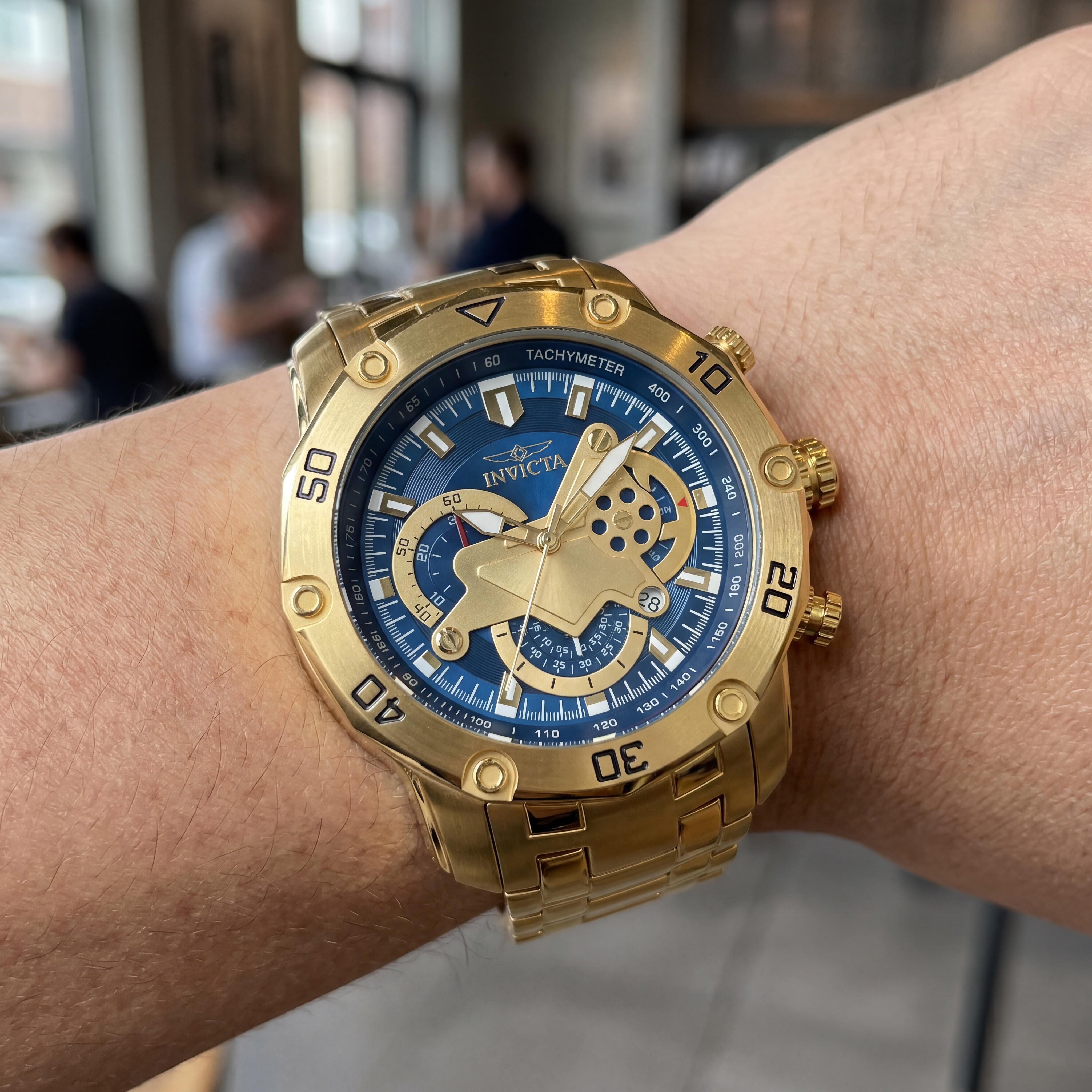 Invicta Pro Diver - Reloj de pulsera unisex de cuarzo cronógrafo GMT de acero inoxidable de 50 mm con esfera azul y piedra de oro, Photo 4