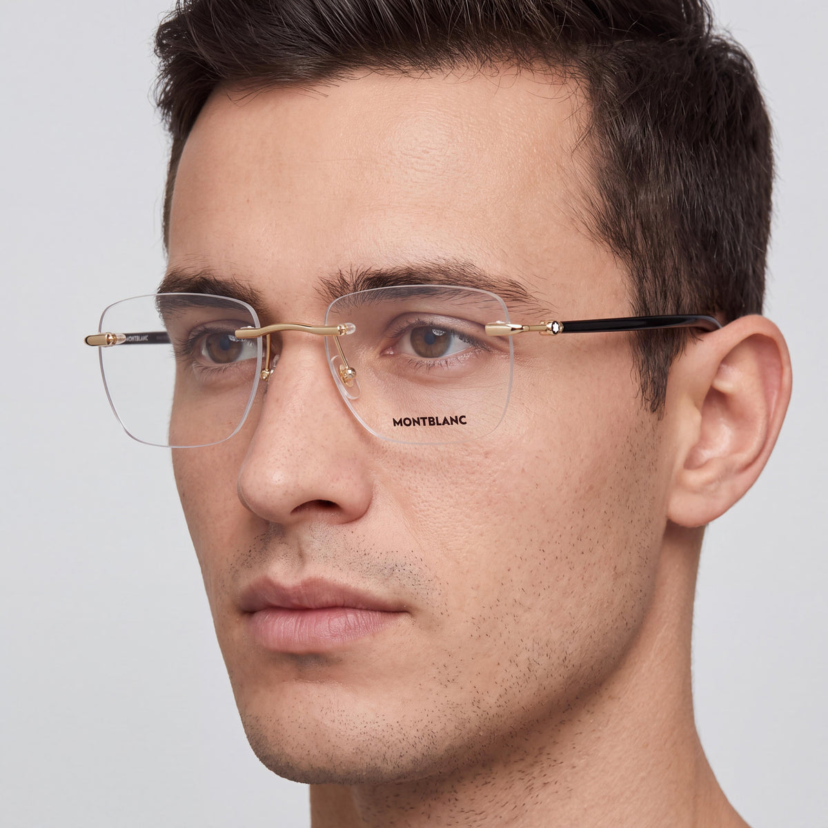 Monturas ópticas para hombre MONTBLANC 0274o-001 de lujo minimalista en acetato dorado, transparente y negro, 58 mm, Photo 5