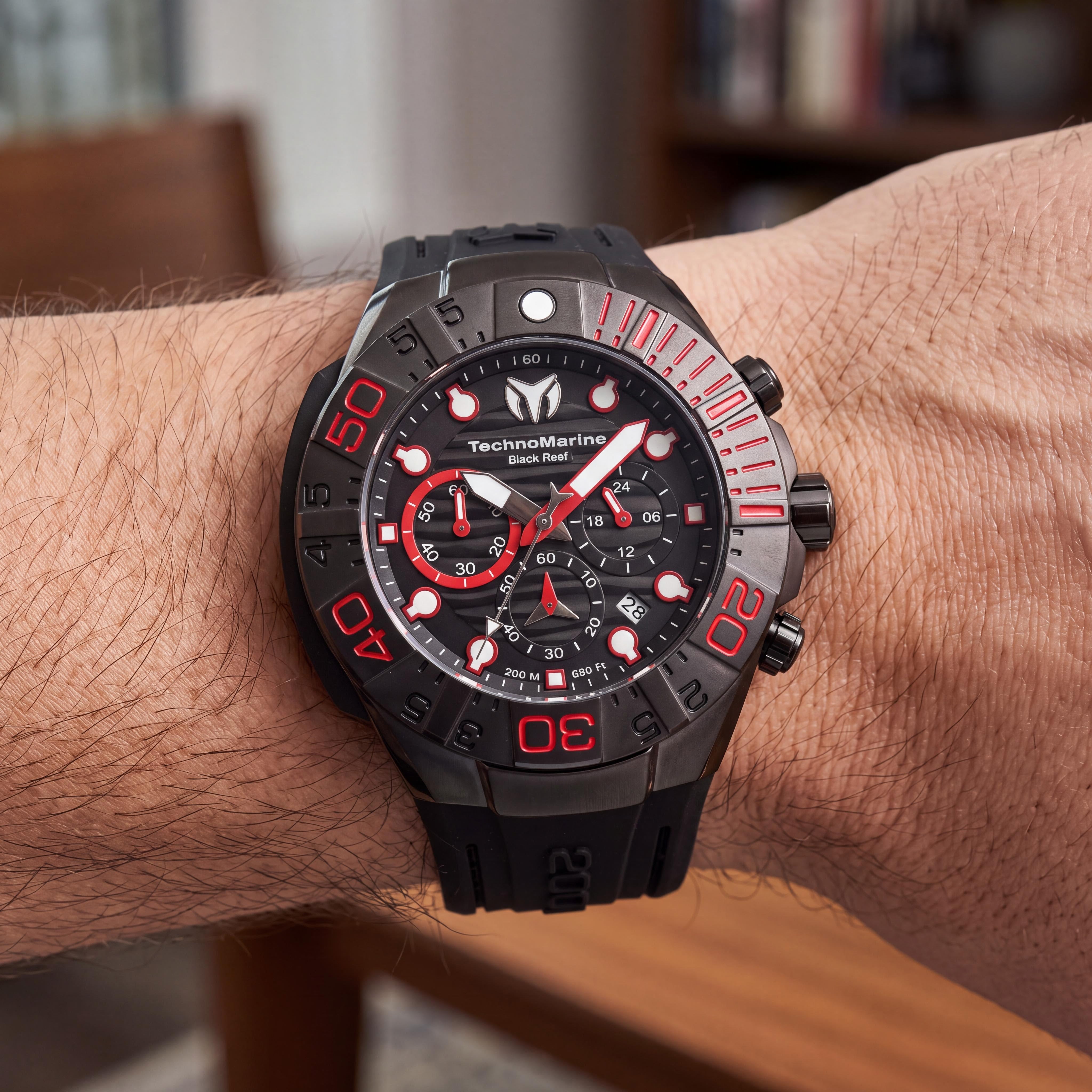 Reloj de hombre TechnoMarine Reef TM-523010 con correa de silicona, cronógrafo, fecha, cuarzo, negro y rojo, 45 mm, Photo 3
