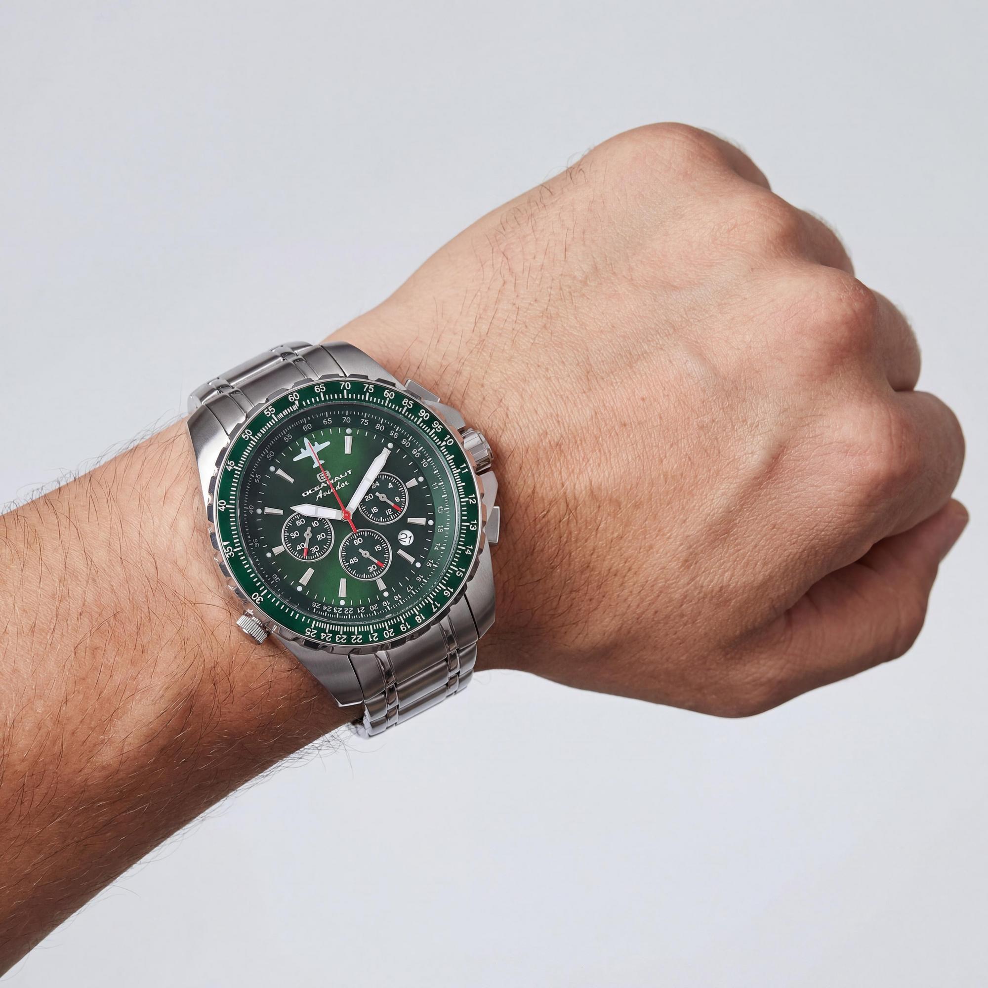 Oceanaut Aviador Pilot - Cronógrafo de cuarzo para hombre, esfera verde, acero inoxidable, 45 mm, Photo 4