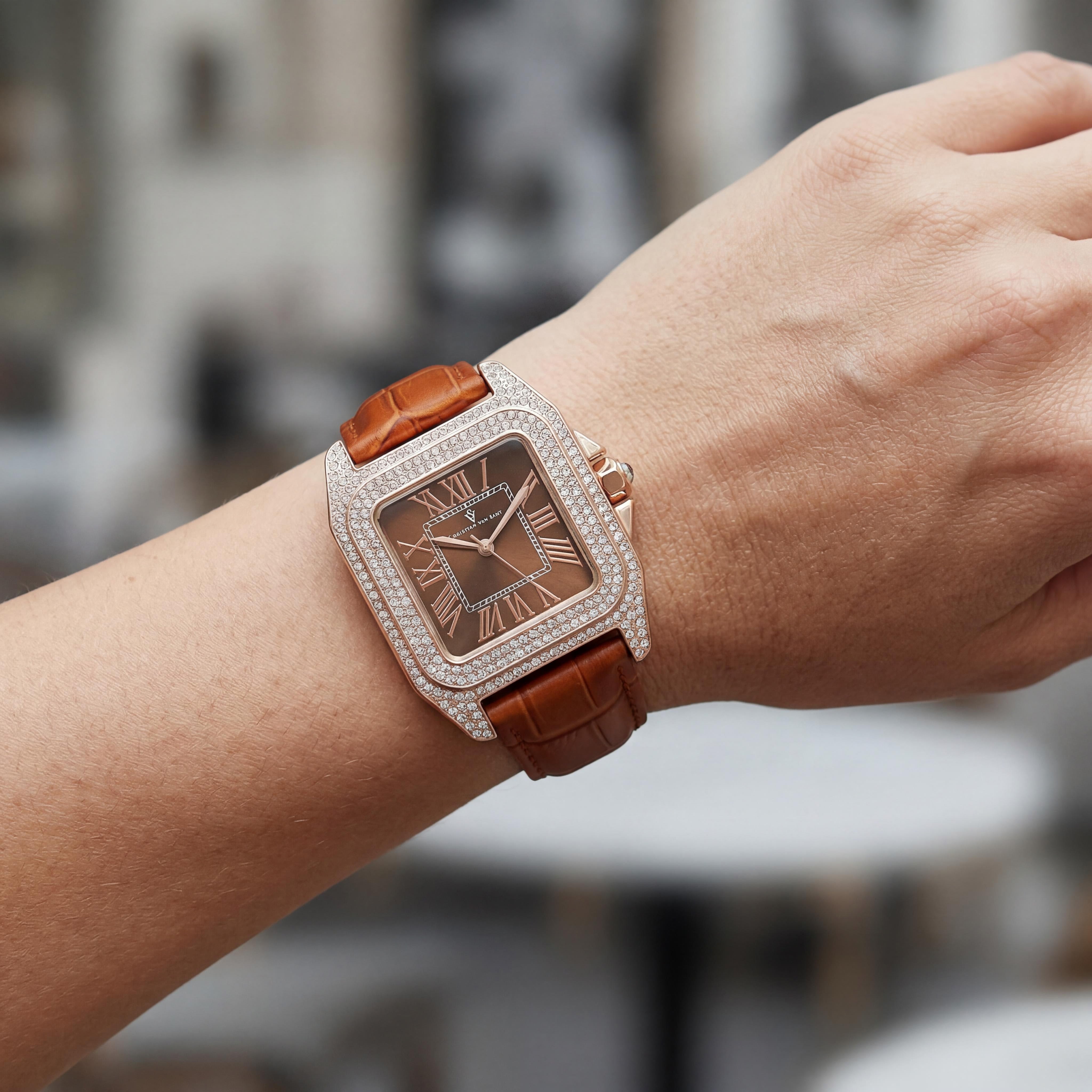 Christian Van Sant CV4423 Radieuse Women's Brown Leather Strap Brass Case Quartz Water Resistant Watch with Crystals, Rose Gold Accents 41mm, Photo 3