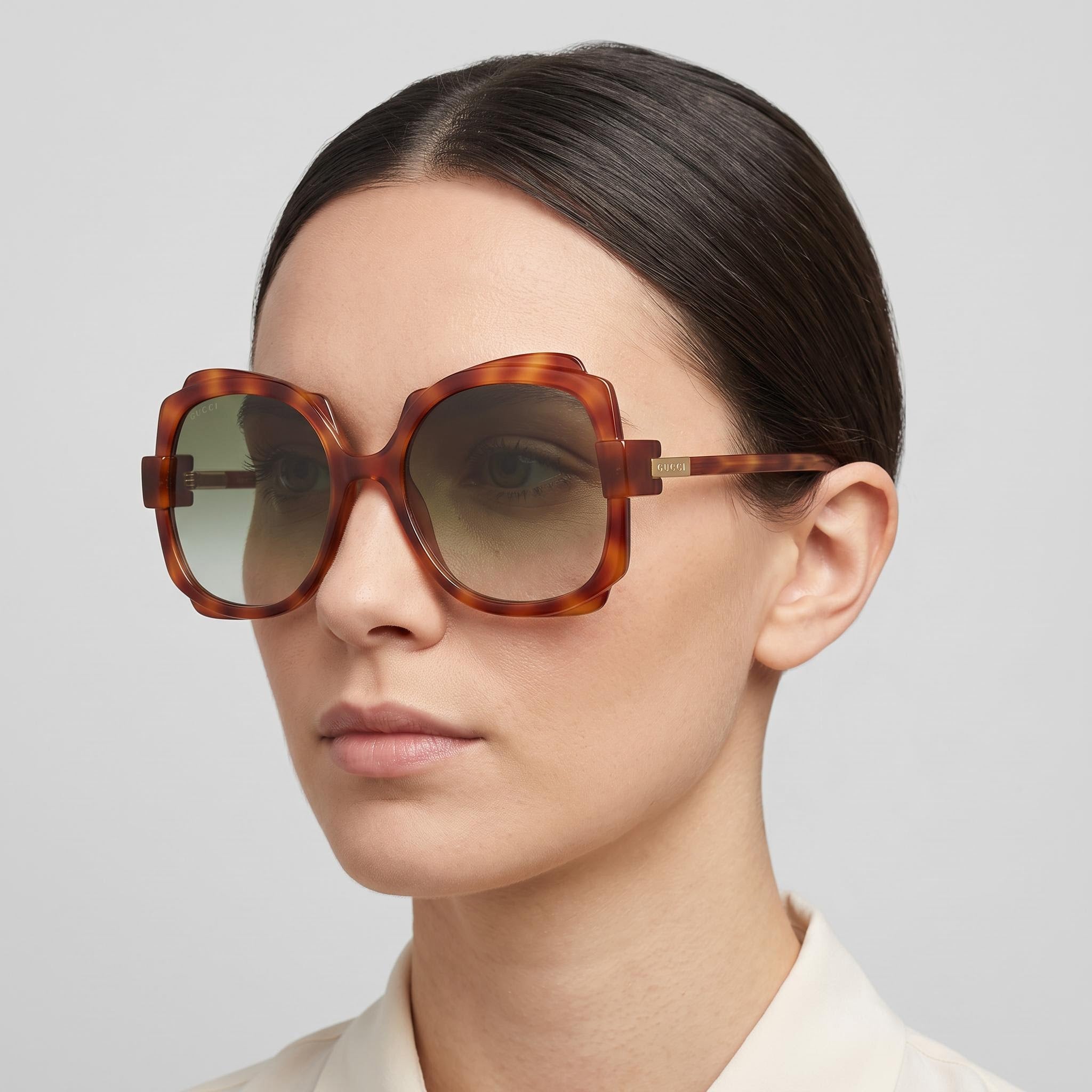 Gucci Women's Round/Oval Prescription Plastic Frame Sunglasses Havana Brown Gradient Lenses 57-20-135, Photo 4