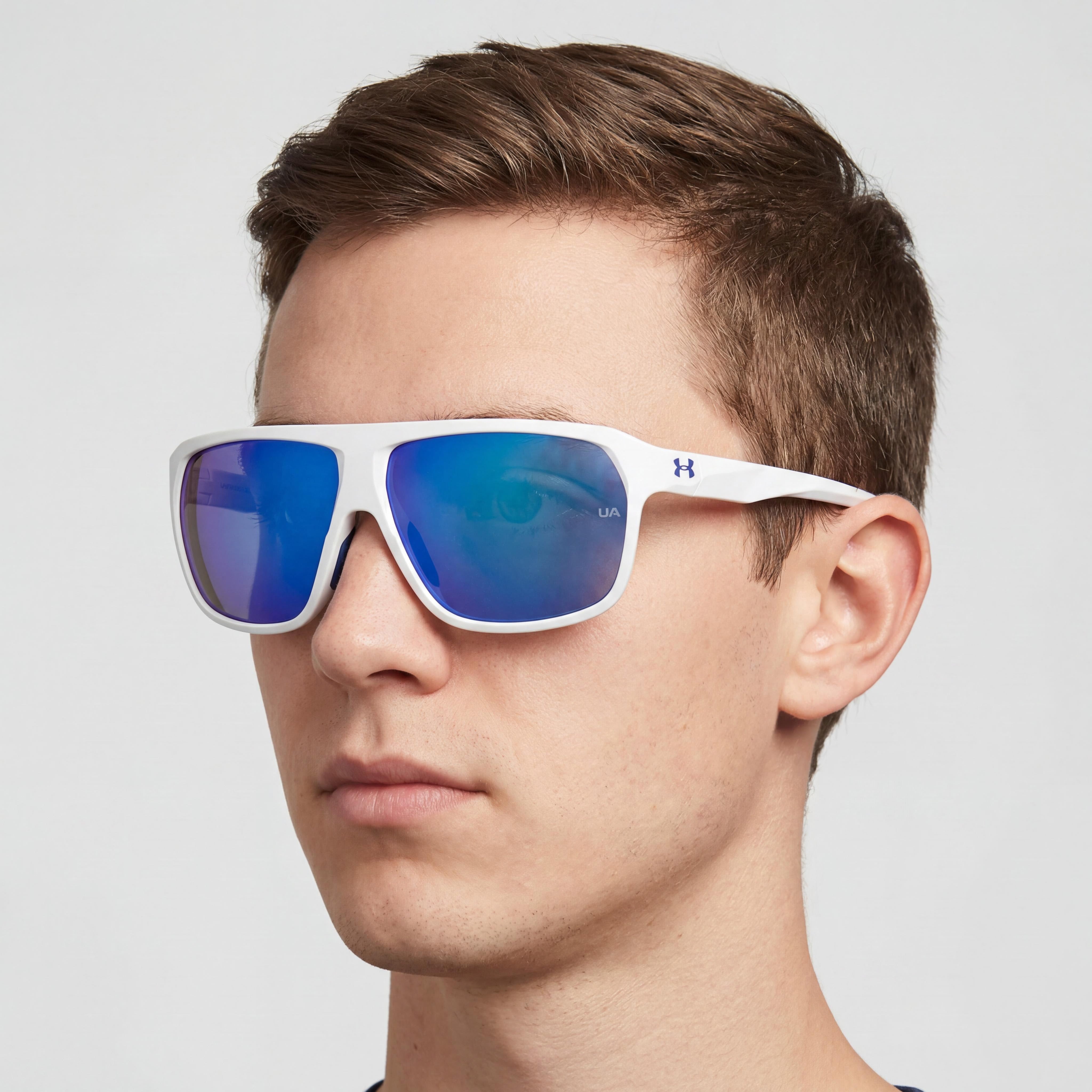 Under Armour Dominate Unisex Rectangular Sunglasses, Matte White Blue Polyamide, Mirrored Non-Polarized UV 62mm, Photo 4