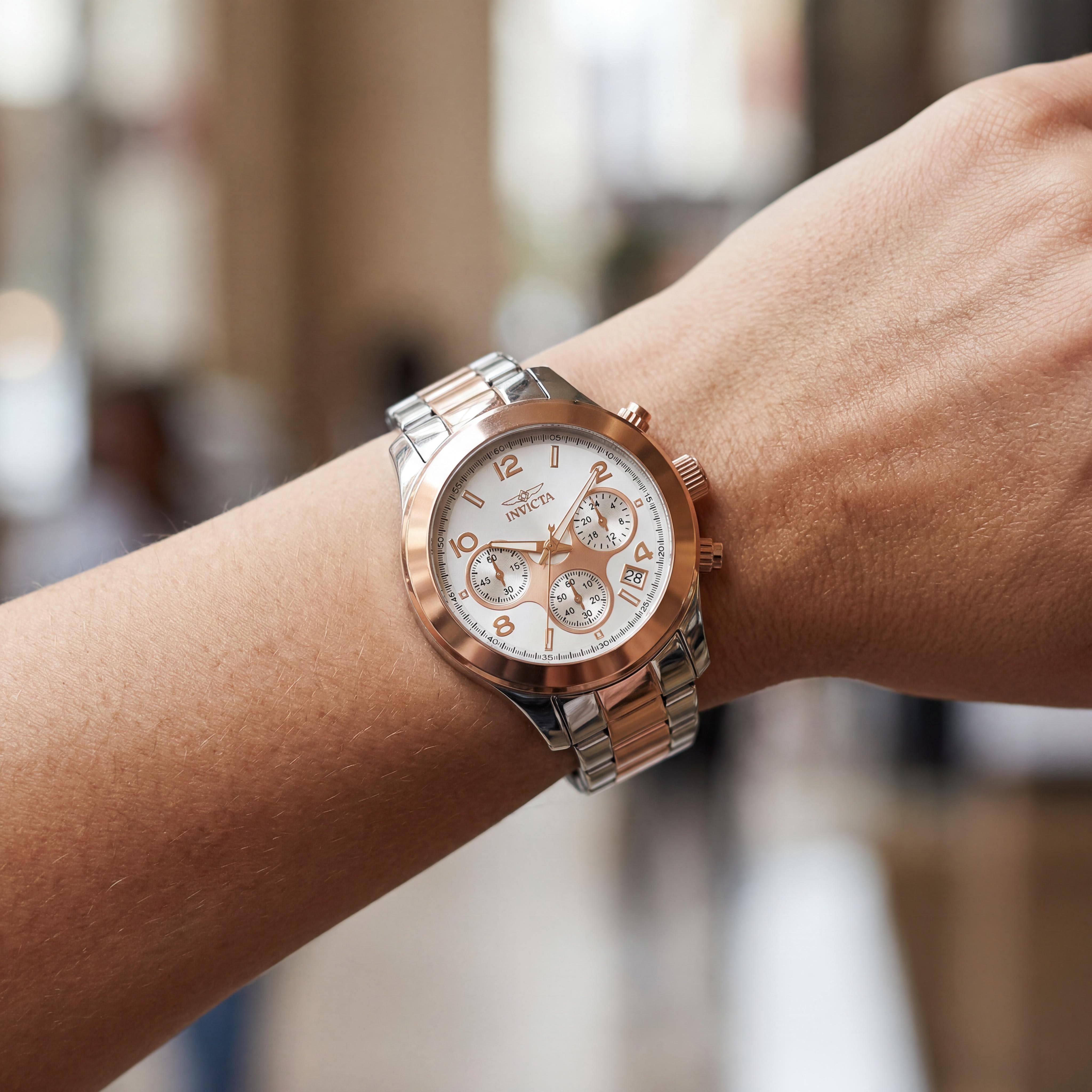 Reloj Invicta Angel Cronógrafo para mujer de acero inoxidable de dos tonos con chapado en oro rosa, esfera blanca, 38 mm, Photo 4