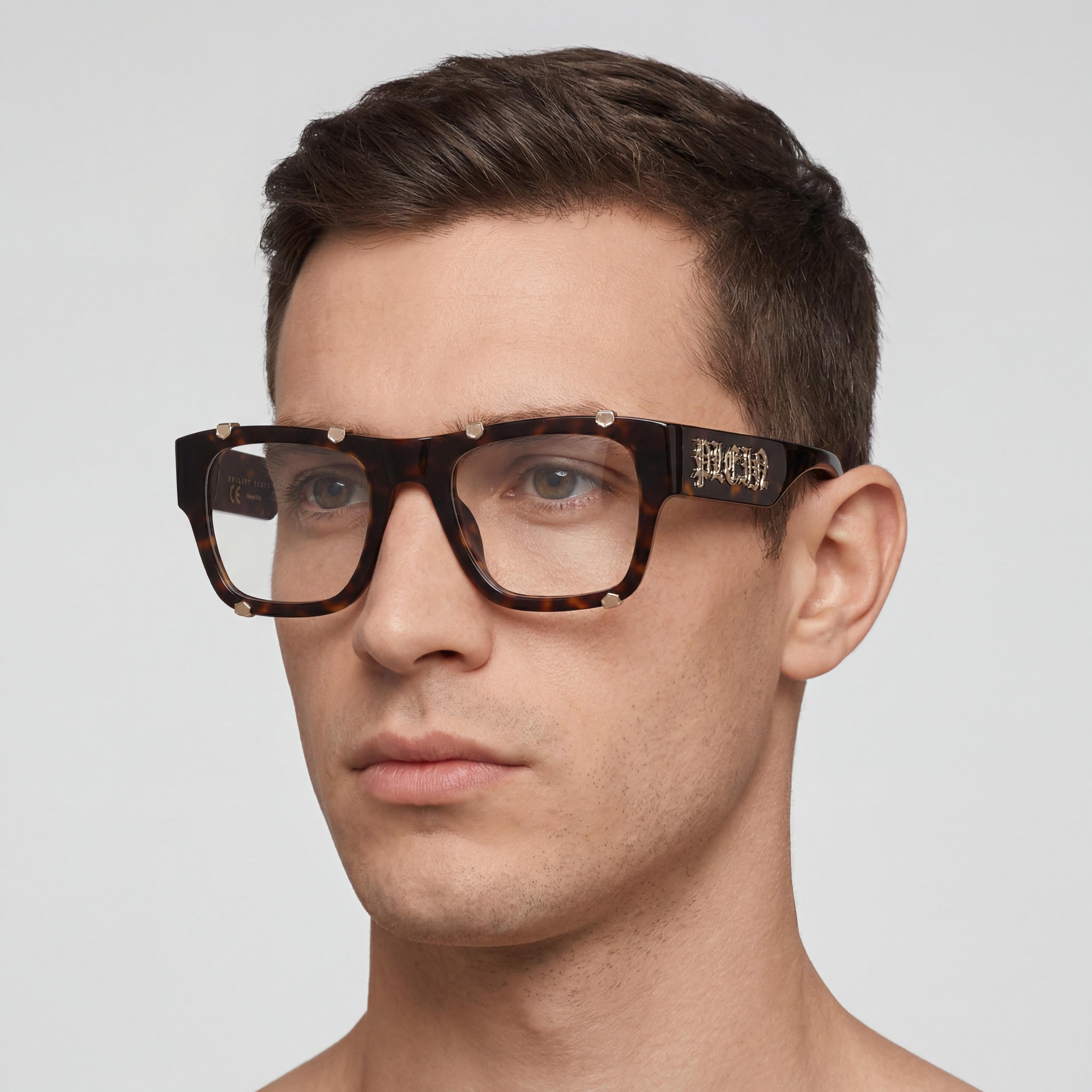 Philipp Plein VPP042W Men's Non-polarised Square Acetate Eyewear, Shiny Dark Havana, 54mm, Photo 5