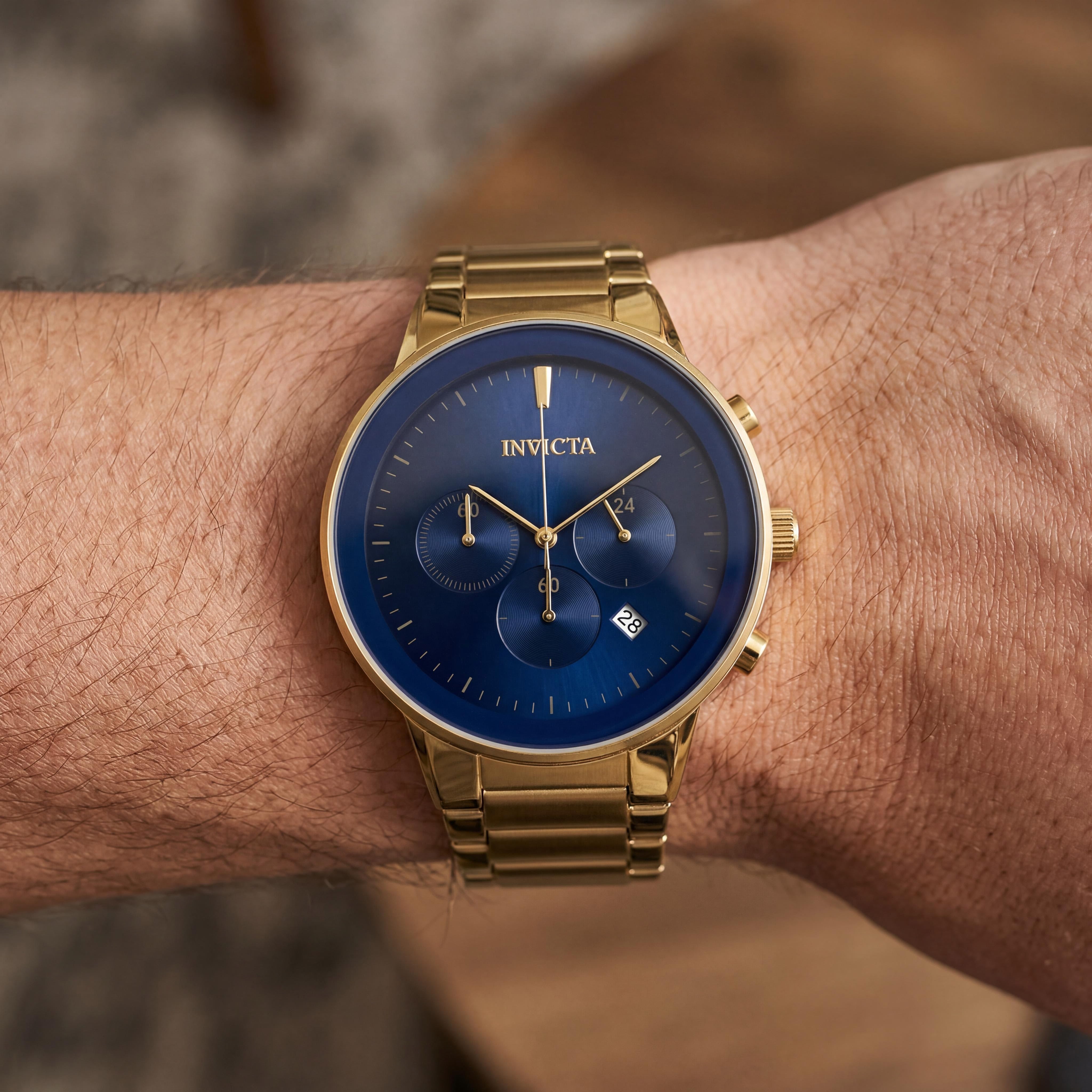 Reloj de cuarzo Invicta para hombre, cronógrafo, fecha, GMT, acero inoxidable tono dorado, esfera azul, 43 mm, resistente al agua, Photo 4
