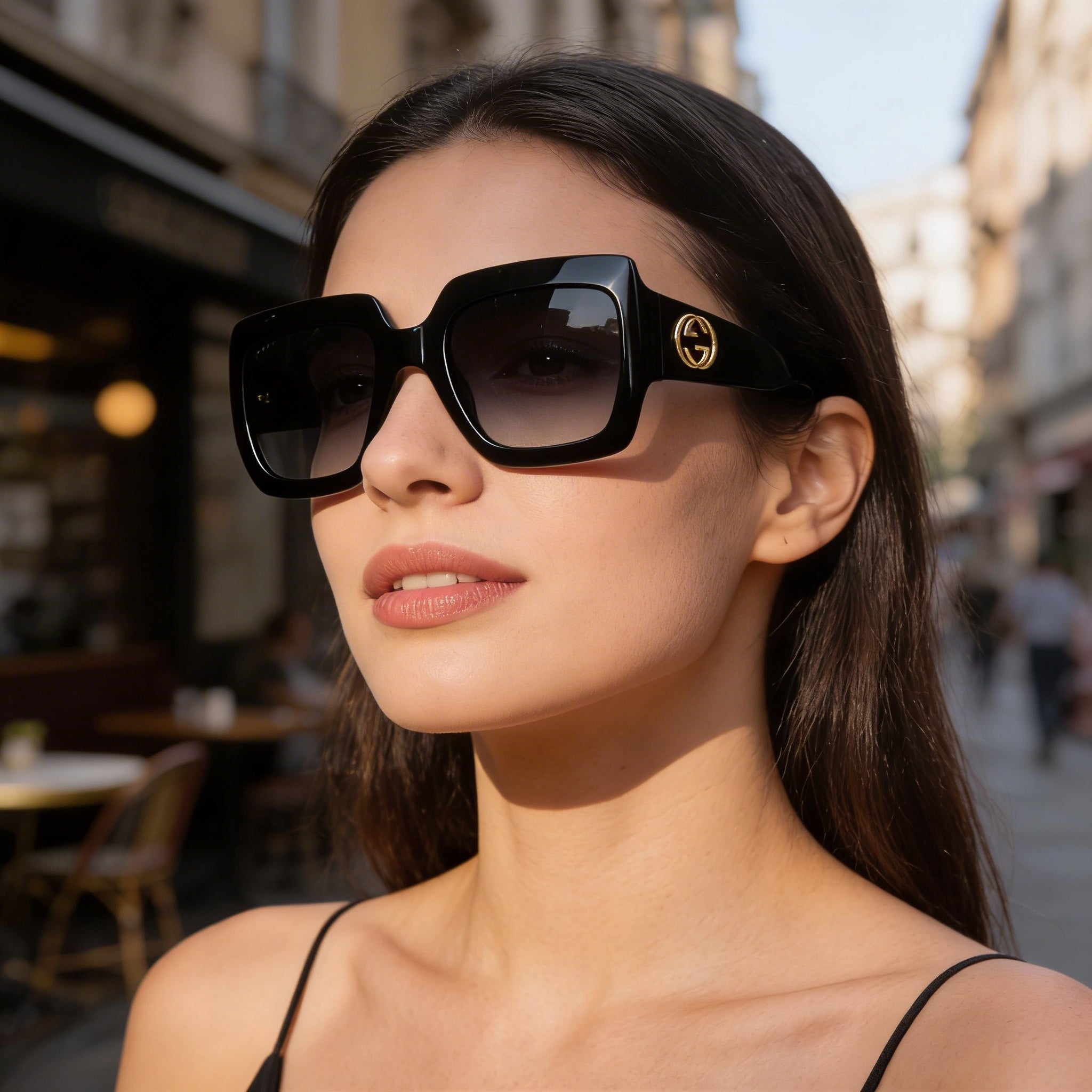 Gucci Gg0053sn Unisex Shiny Black Composite Frame UV Protected Shaded Dark Grey Gradient Sunglasses 54mm, Photo 5