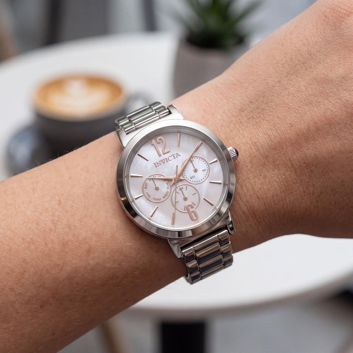 Reloj de cuarzo Invicta Angel Collection para mujer, acero inoxidable plateado, esfera blanca de 39 mm, resistente al agua, Photo 3
