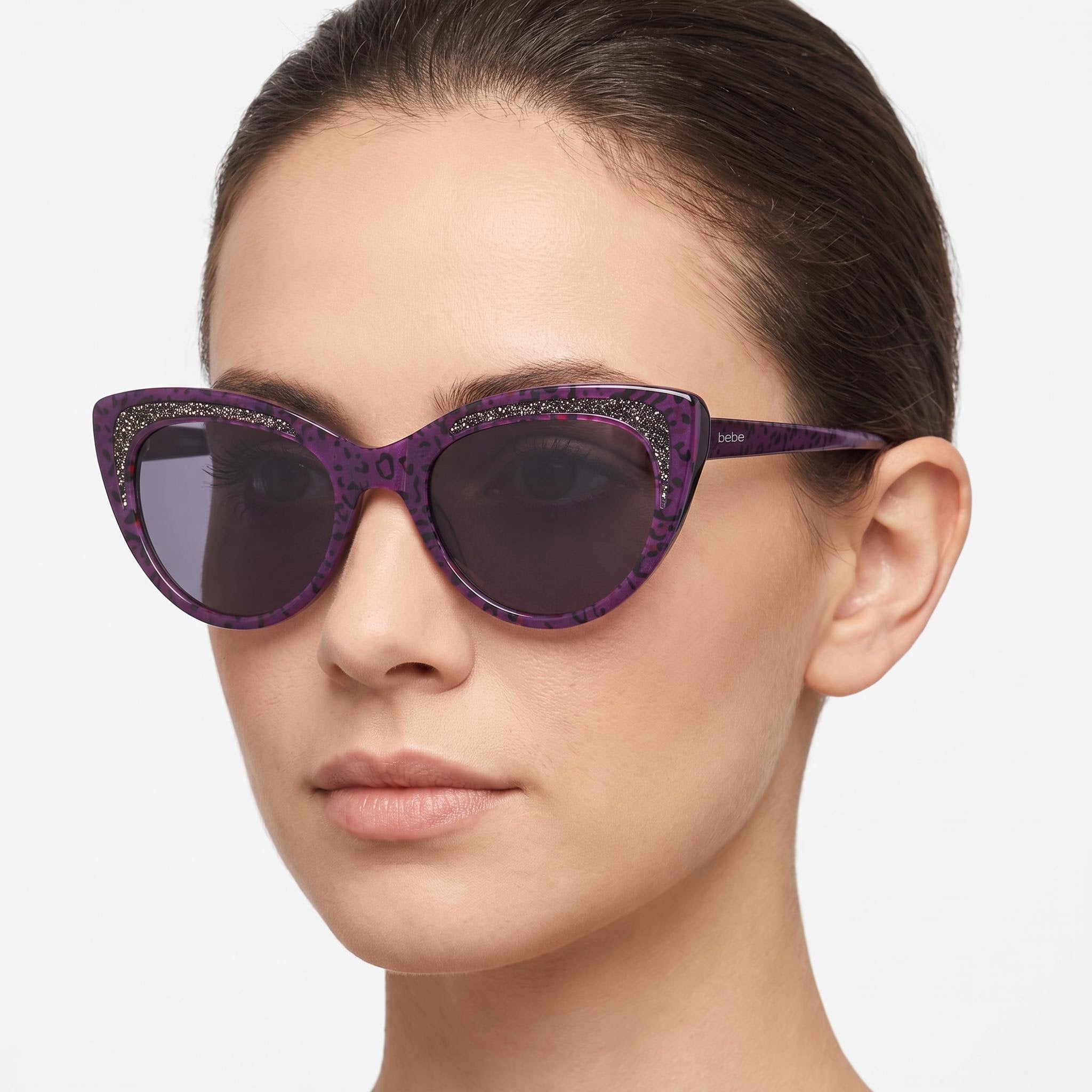 Gafas de sol BEBE Classic para mujer, montura de acetato color ciruela con diseño animal, lentes de policarbonato multicolor con 100% protección UV, 55 mm, Photo 4