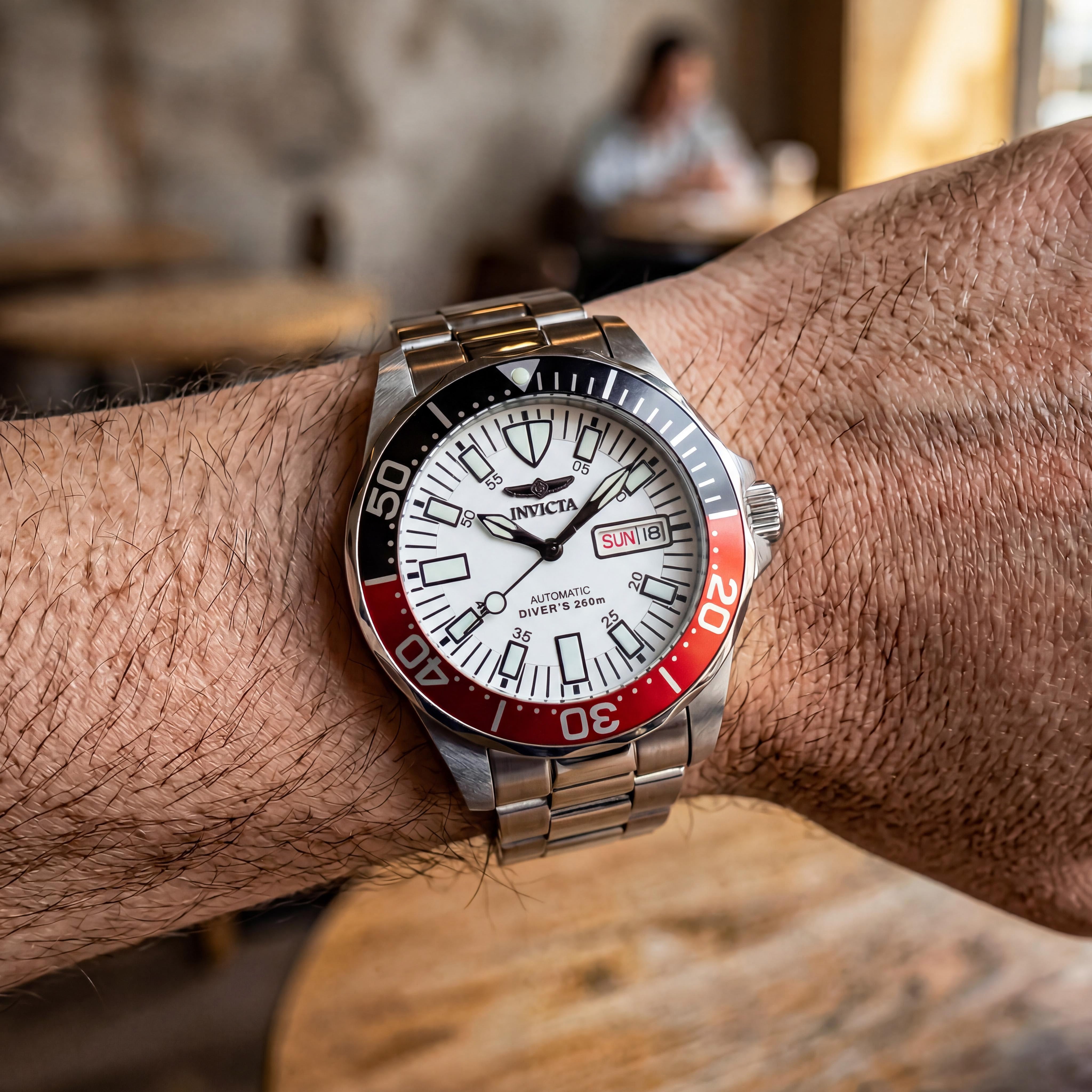 Invicta Reloj de buceo para hombre Pro Diver automático de acero inoxidable plateado luminoso con esfera blanca y resistencia al agua de 200 m, Photo 4