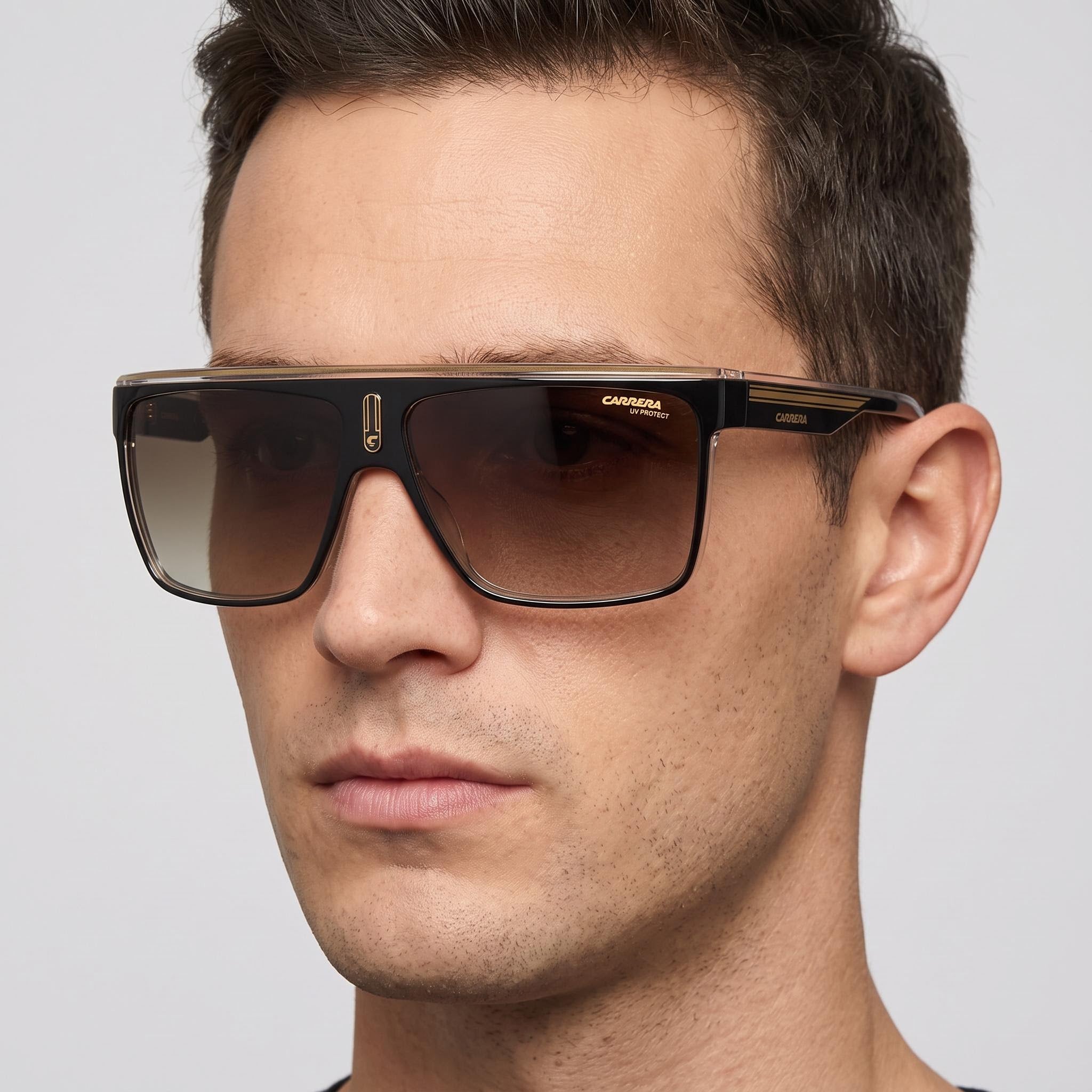 Gafas de sol Carrera 22/N para hombre, negras y doradas, de poliamida con lentes marrones degradadas y 100% protección UV de 63mm, Photo 3