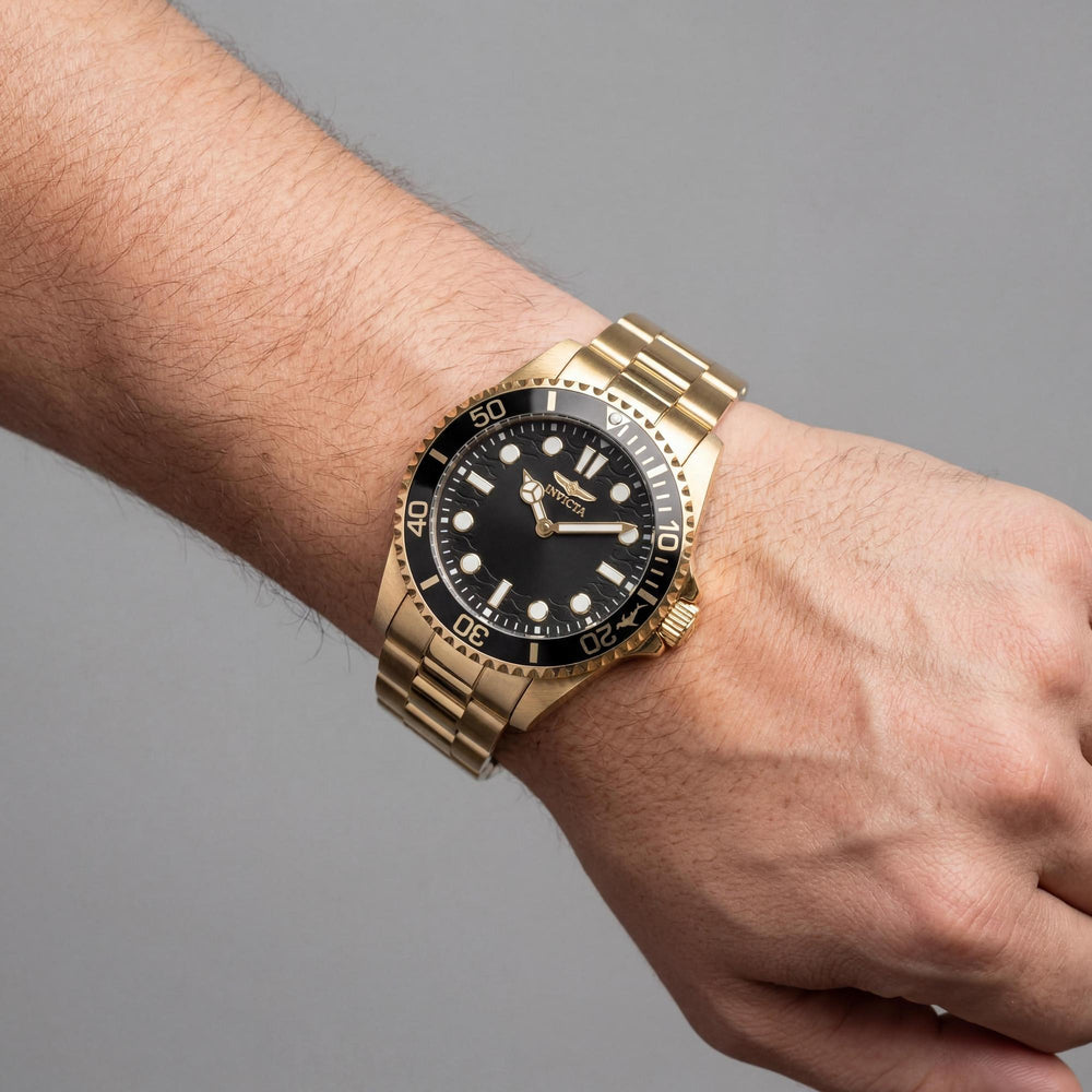 Invicta Pro Diver 49701 Unisex Gold Stainless Steel Black Dial Quartz Watch 10 Bar Water Resistant 43mm
