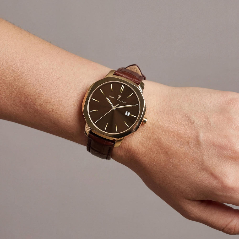 Reloj Christian Van Sant CV0507 para mujer, de cuarzo, acero inoxidable, resistente a los golpes y con correa de piel marrón