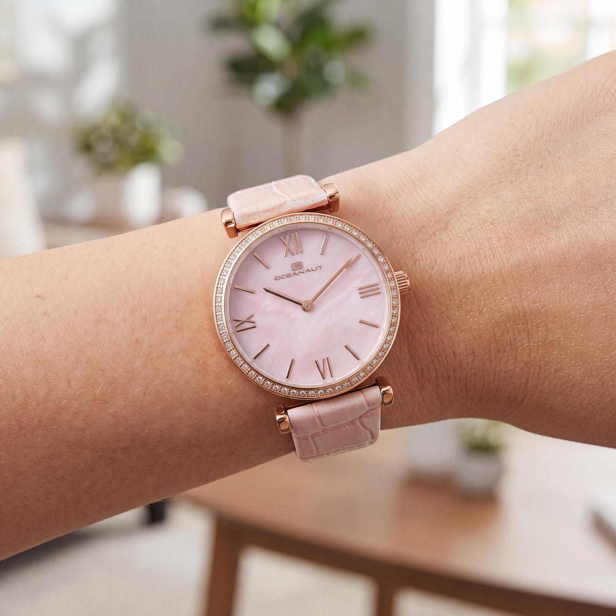 Reloj Oceanaut de cuarzo para mujer con esfera de nácar rosa, bisel de cristal, resistente al agua, Photo 4