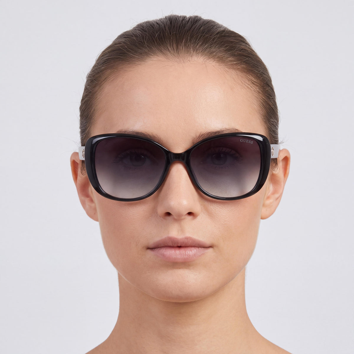GUESS 7483 Women's Black Acetate Butterfly UV Protection Sunglasses with Gradient Smoke Lenses, 56mm, Photo 5