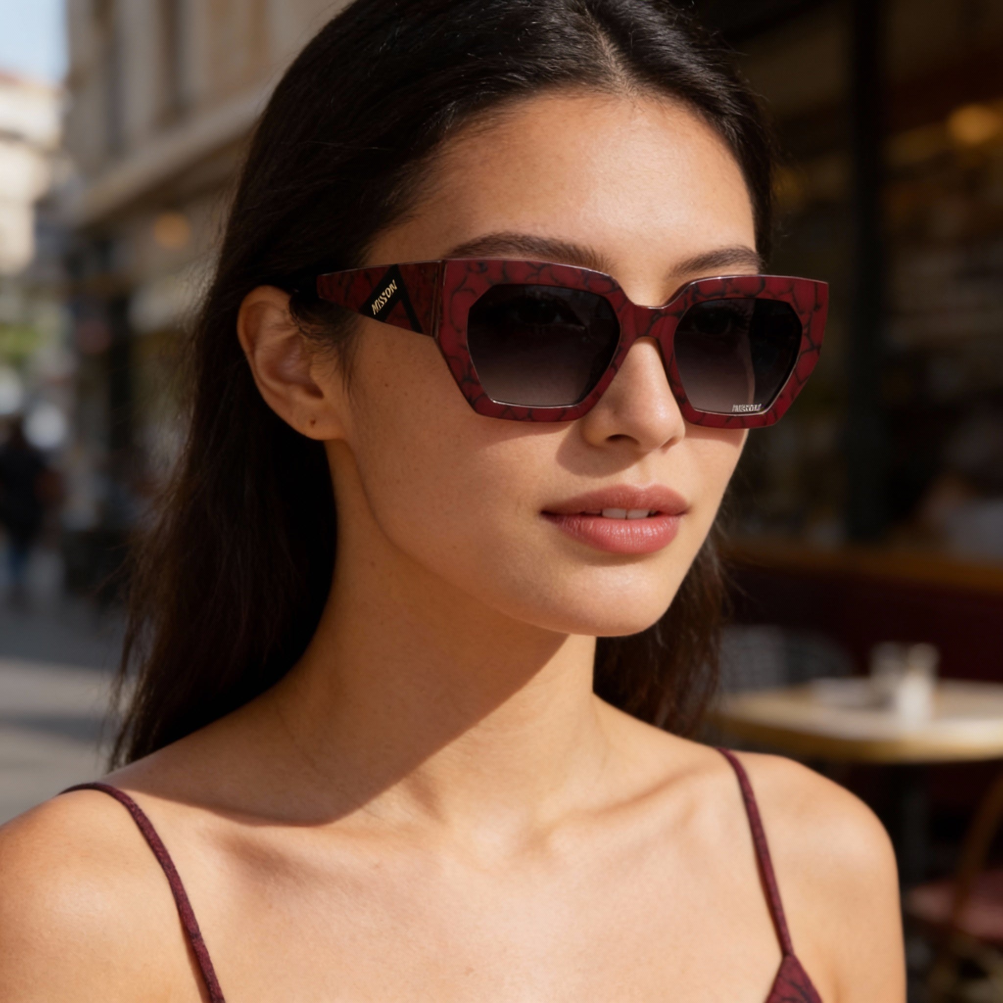 Gafas de sol M Missoni Casual para mujer, montura de acetato rojo mármol, lentes sombreados en gris oscuro, 55-19-140 mm, Photo 6