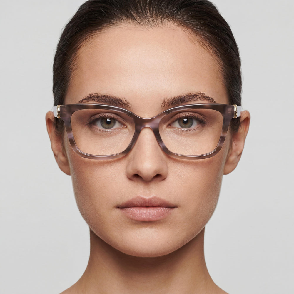 Gafas cuadradas de acetato clásicas Tory Burch para mujer, color morado estriado, lentes transparentes de plástico de 53 mm