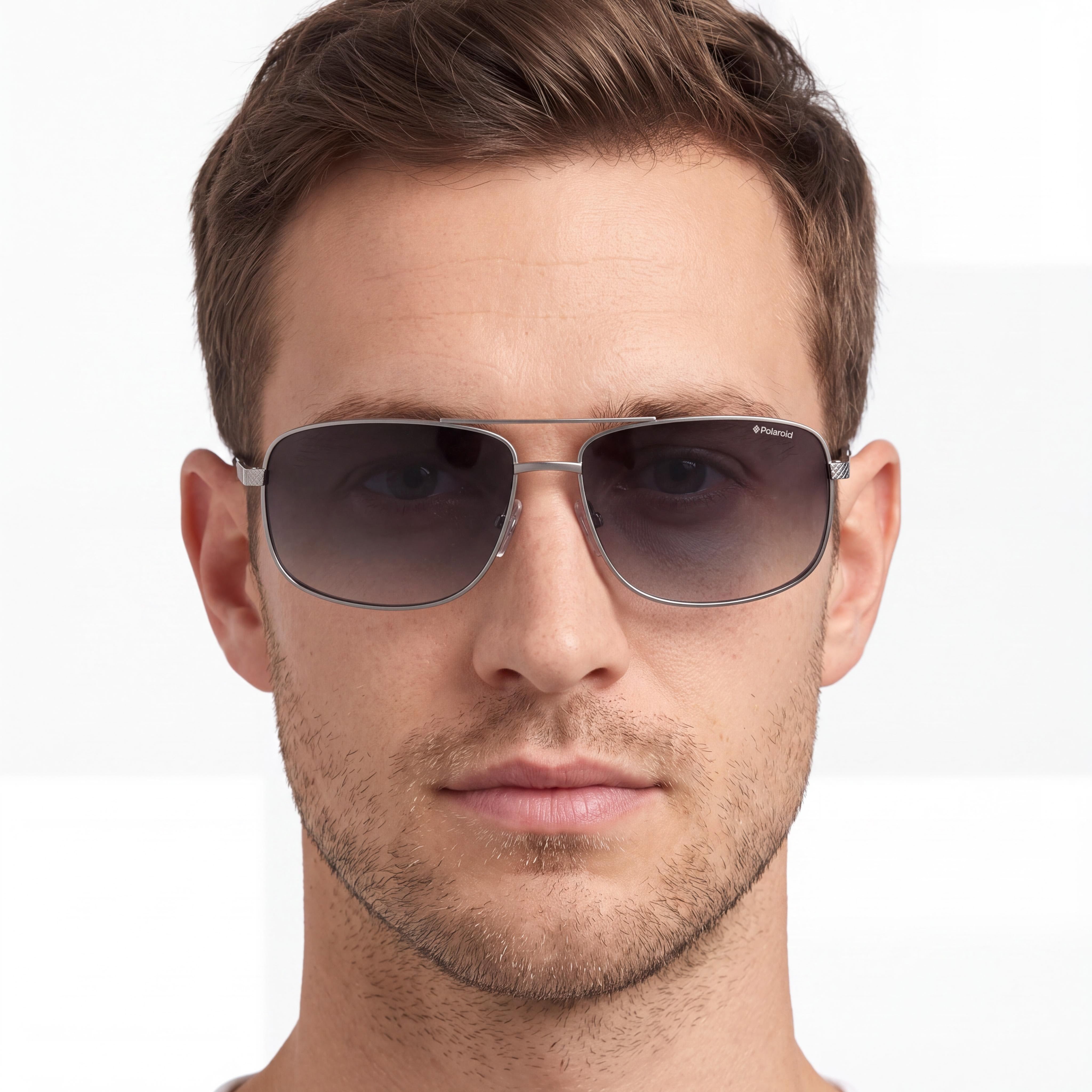 Polaroid Men's Rectangular Polarized Stainless Steel Sunglasses, Semi Matte Ruthenium Frame, Gray Lens 63mm, Photo 4