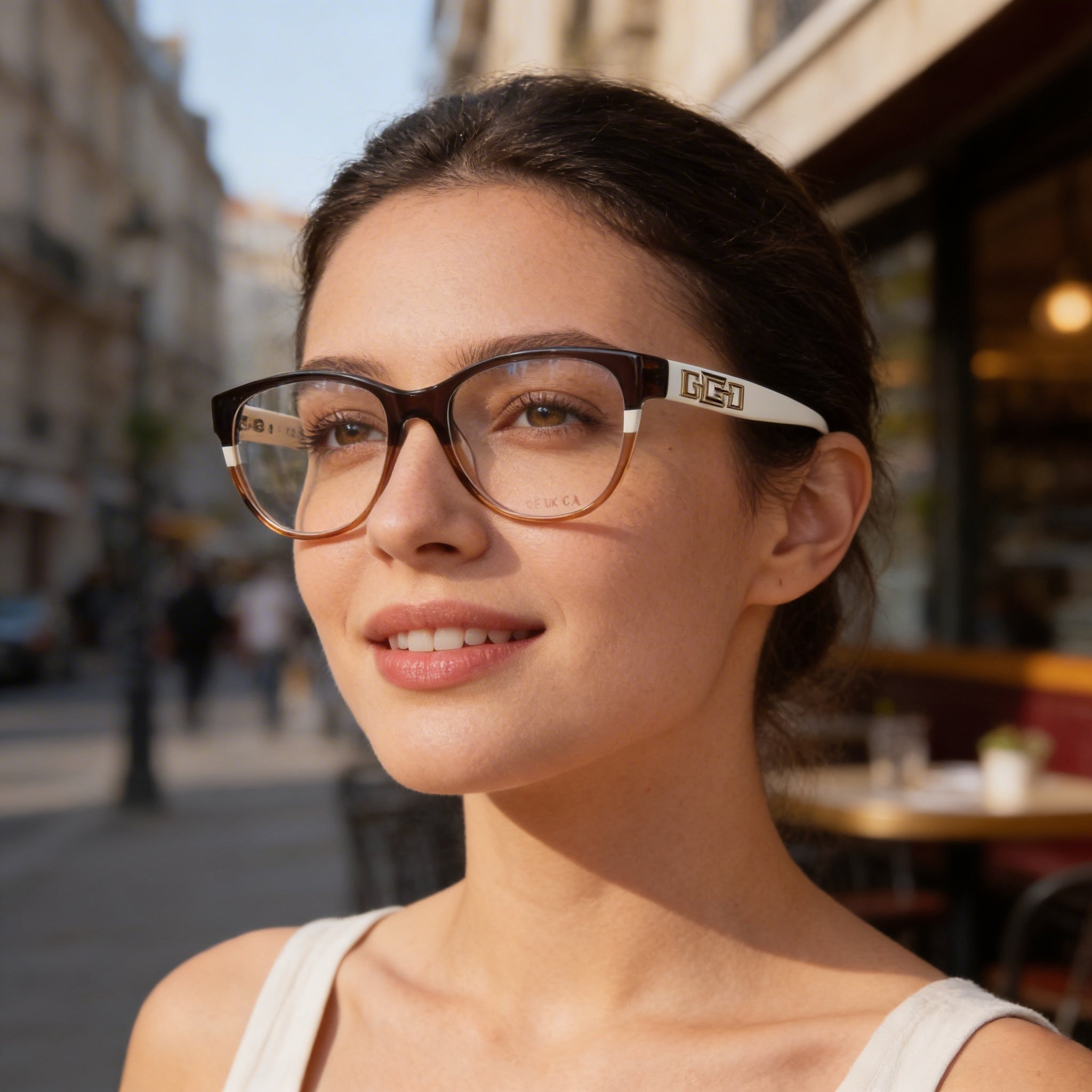 Gafas de policarbonato con montura de plástico brillante color marfil a rayas grises Guess MODERNO para mujer 50-17-140mm, Photo 5