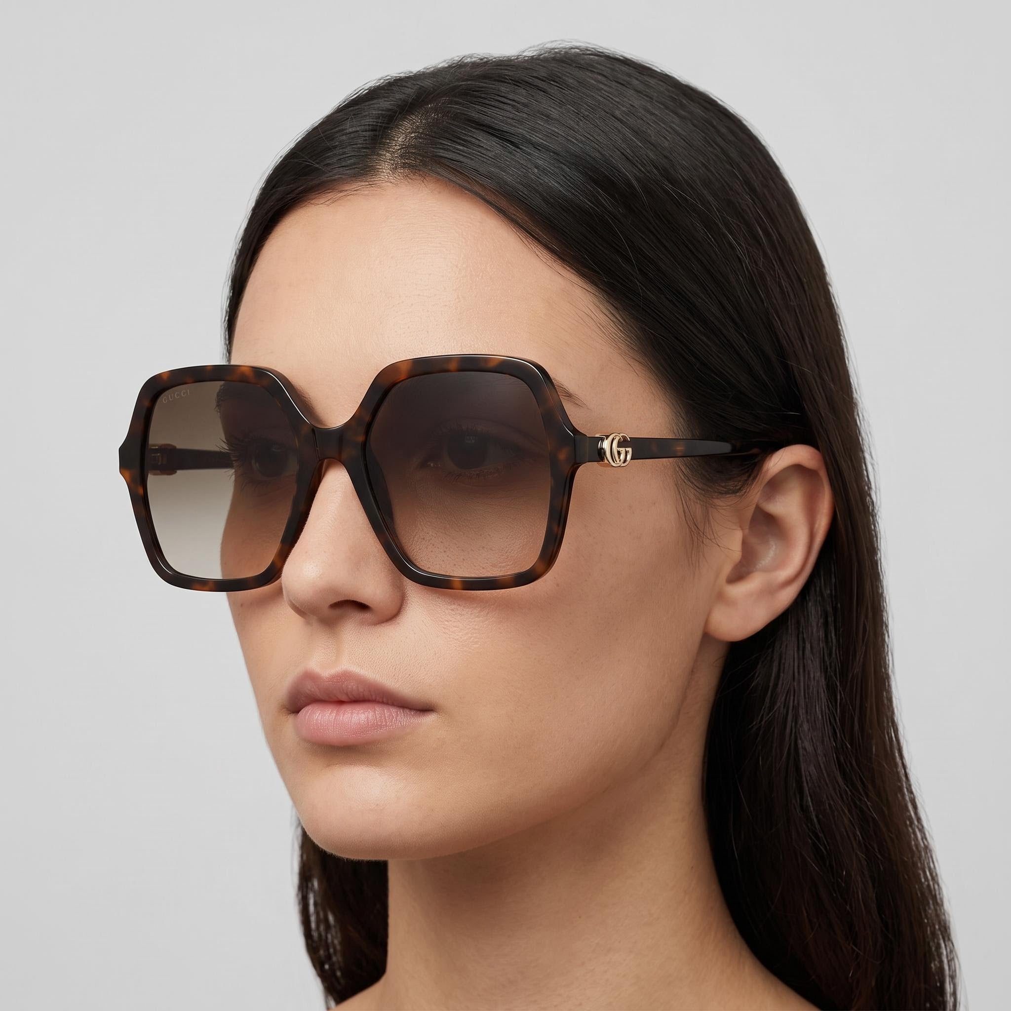 Gafas de sol Gucci Gg1072s-002 para mujer, cuadradas, de plástico, color marrón oscuro brillante, con lentes marrones degradadas, 56 mm, Photo 3