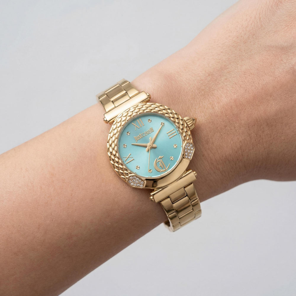 Reloj Just Cavalli Fashion para mujer, acero inoxidable, oro amarillo, esfera turquesa, resistente al agua, 30 mm