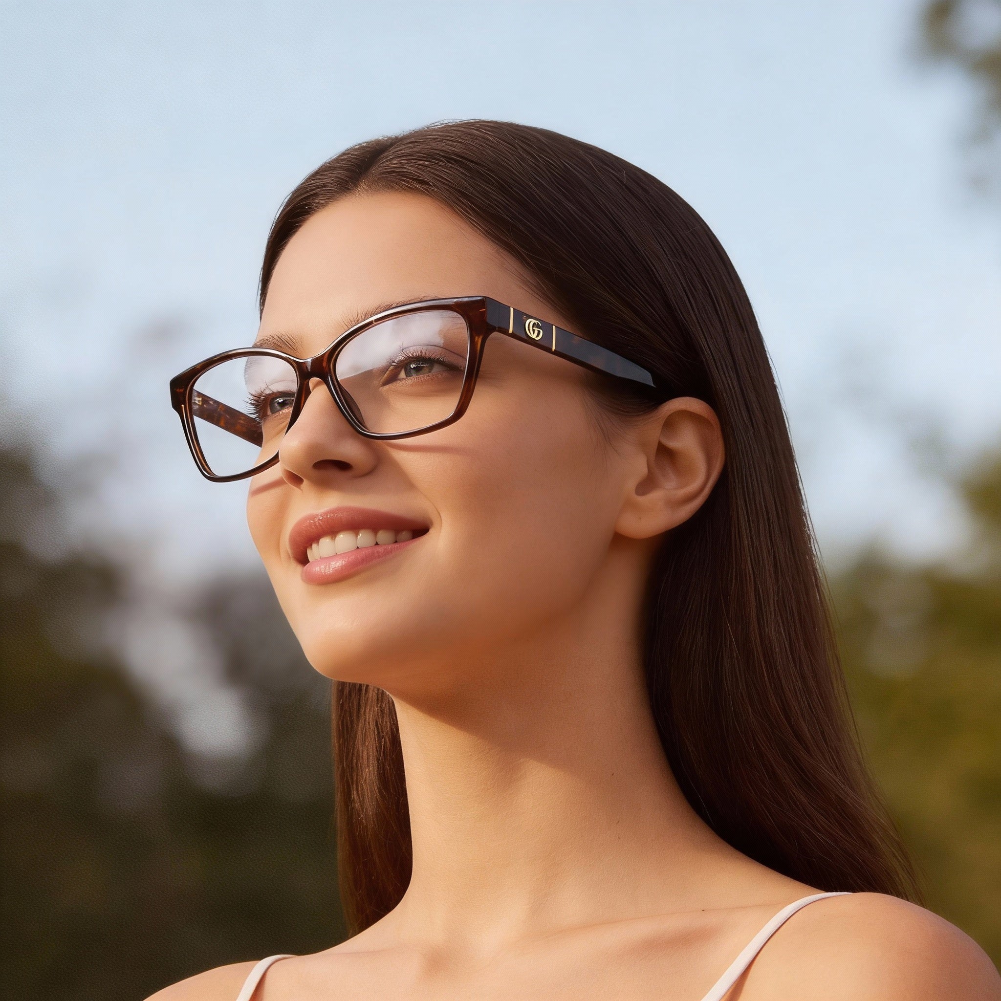 Gucci Gucci Logo Women's Havana Dark Plastic Full Rim Rectangular Rx-able Eyeglasses with Clear Lens 55-14, Photo 4