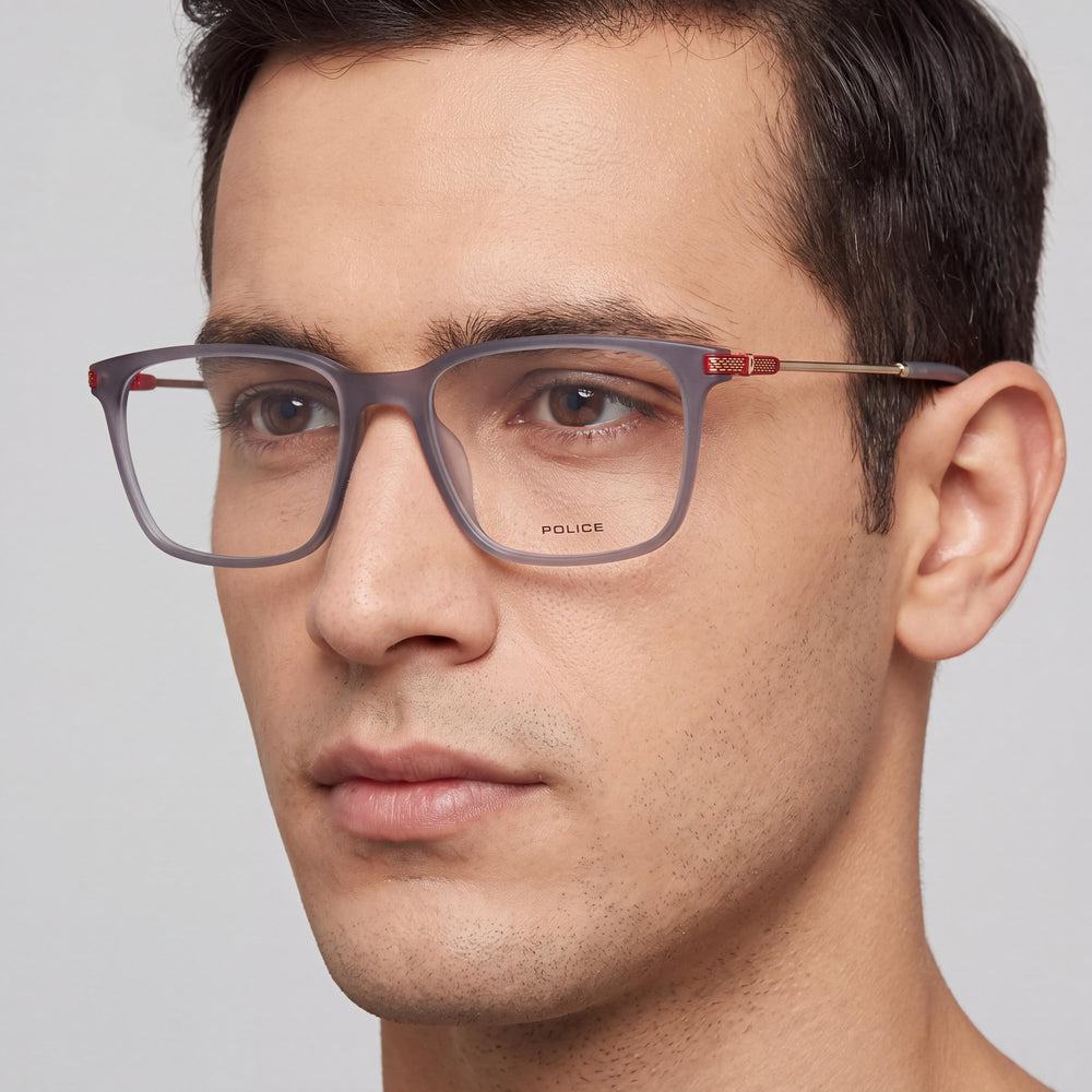 Police Vplg77 Men's Transparent Grey Rectangle Combined Acetate Metal Eyeglasses Size 53-17-145