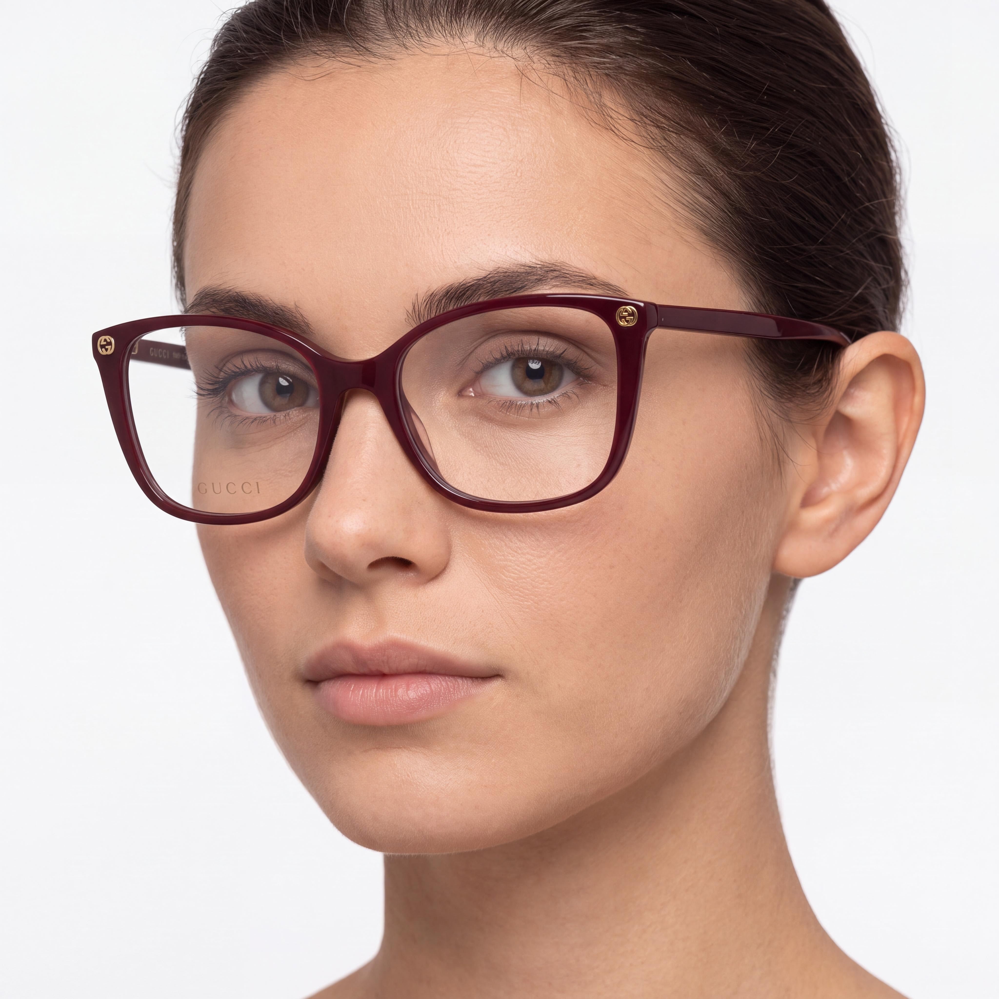 Gafas ópticas Gucci Gg0026o-012 para mujer, montura completa de ojo de gato, de plástico, color borgoña con logo dorado, 53 mm, Photo 2