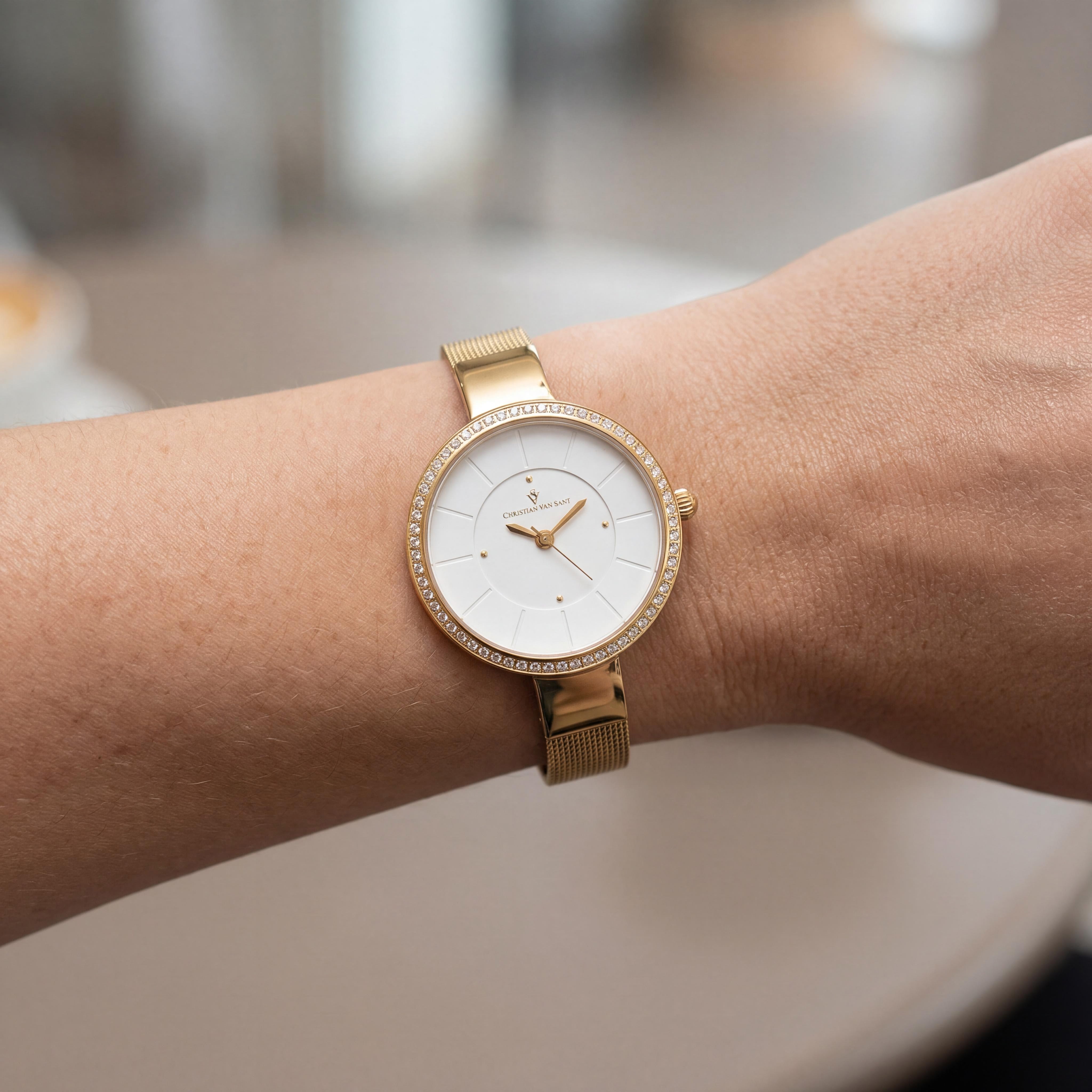 Reloj clásico Christian Van Sant para mujer de 32 mm con caja y brazalete de acero inoxidable y bisel con cristales en forma de D, Photo 4