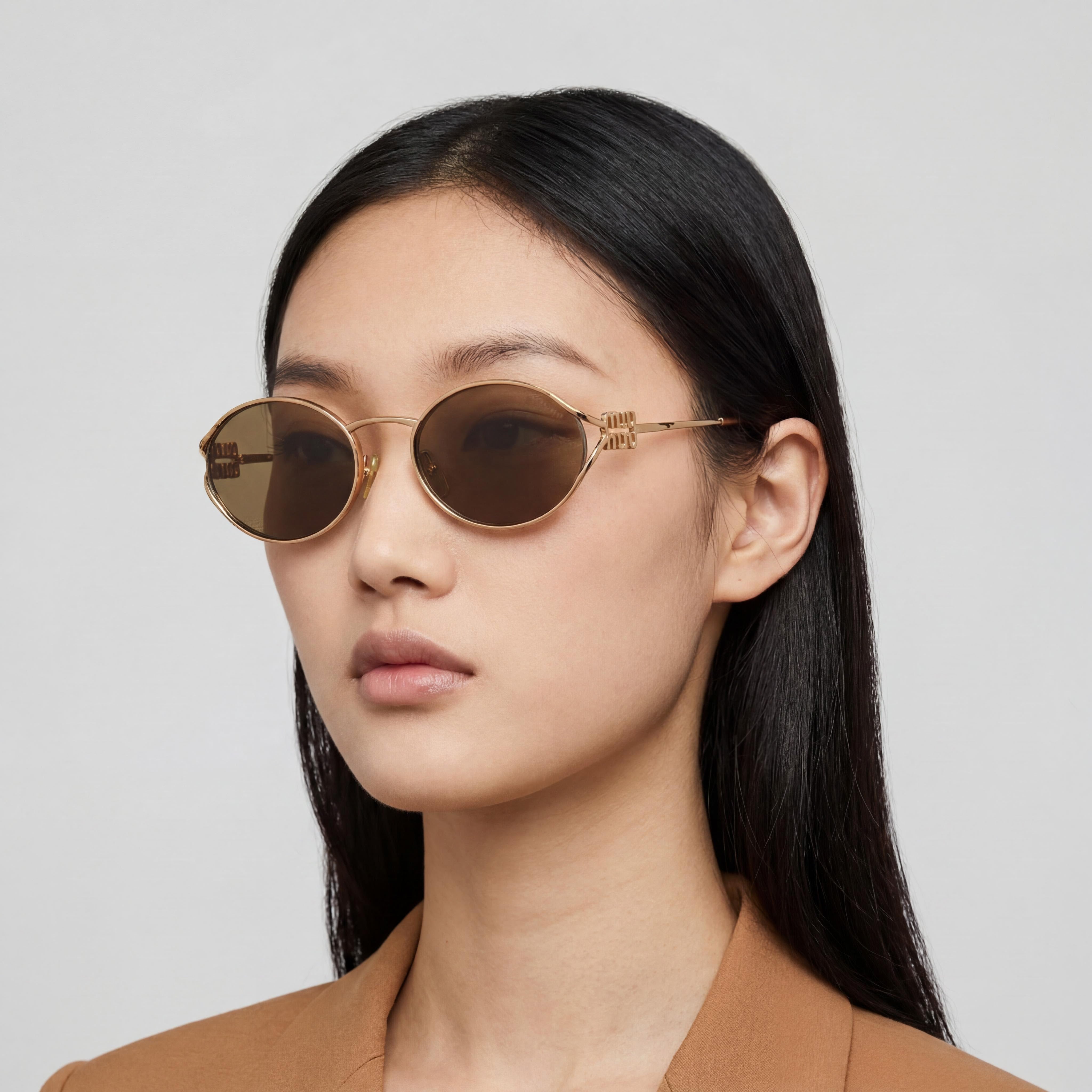 Miu Miu Classic Women's Multicoloured Metal Oval Sunglasses with Dark Brown Lenses, 54mm Lens Width, Photo 5