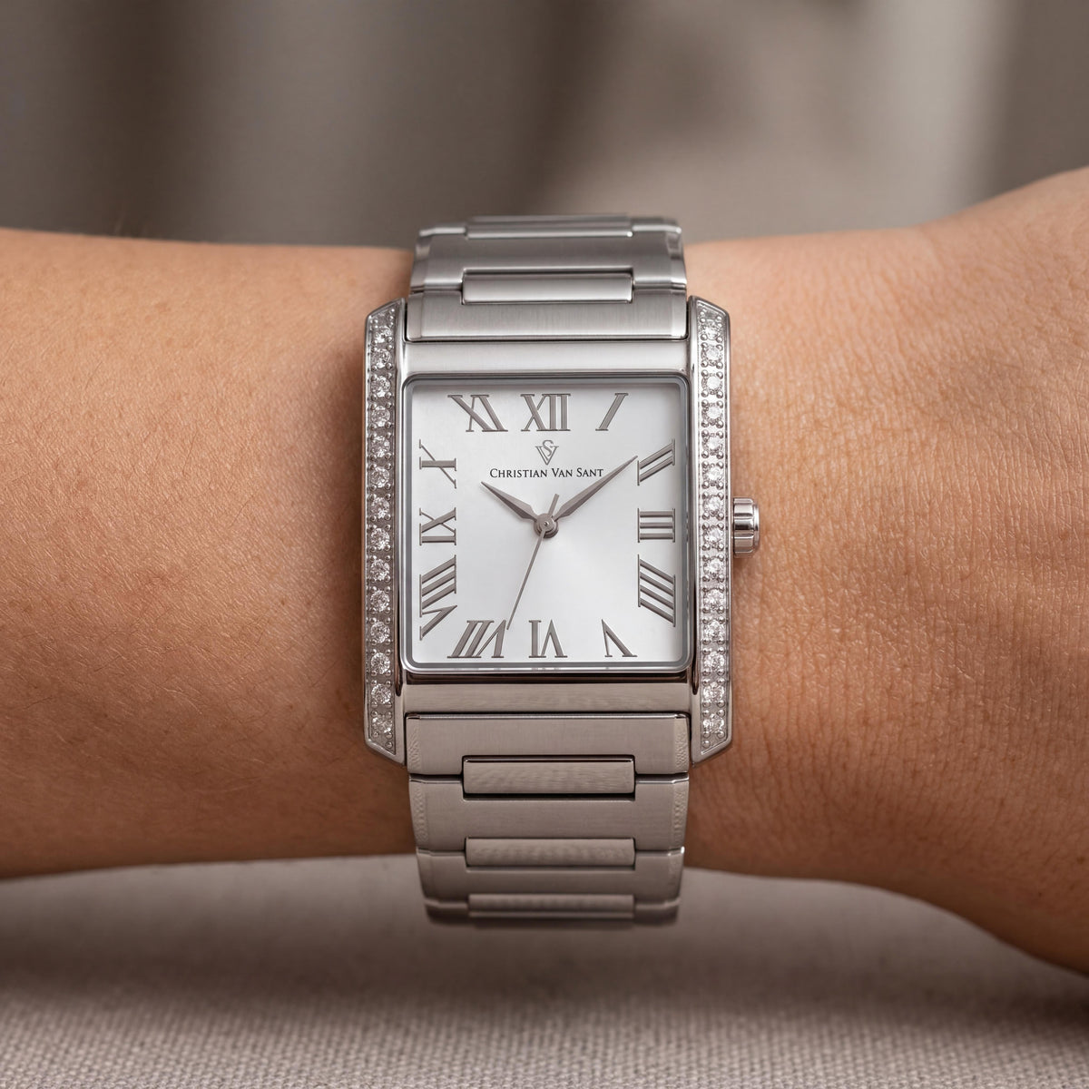 Reloj de cuarzo Christian Van Sant CV1280 para mujer, de acero inoxidable plateado con esfera blanca, cristal mineral, resistente al agua hasta 3 ATM, Photo 4