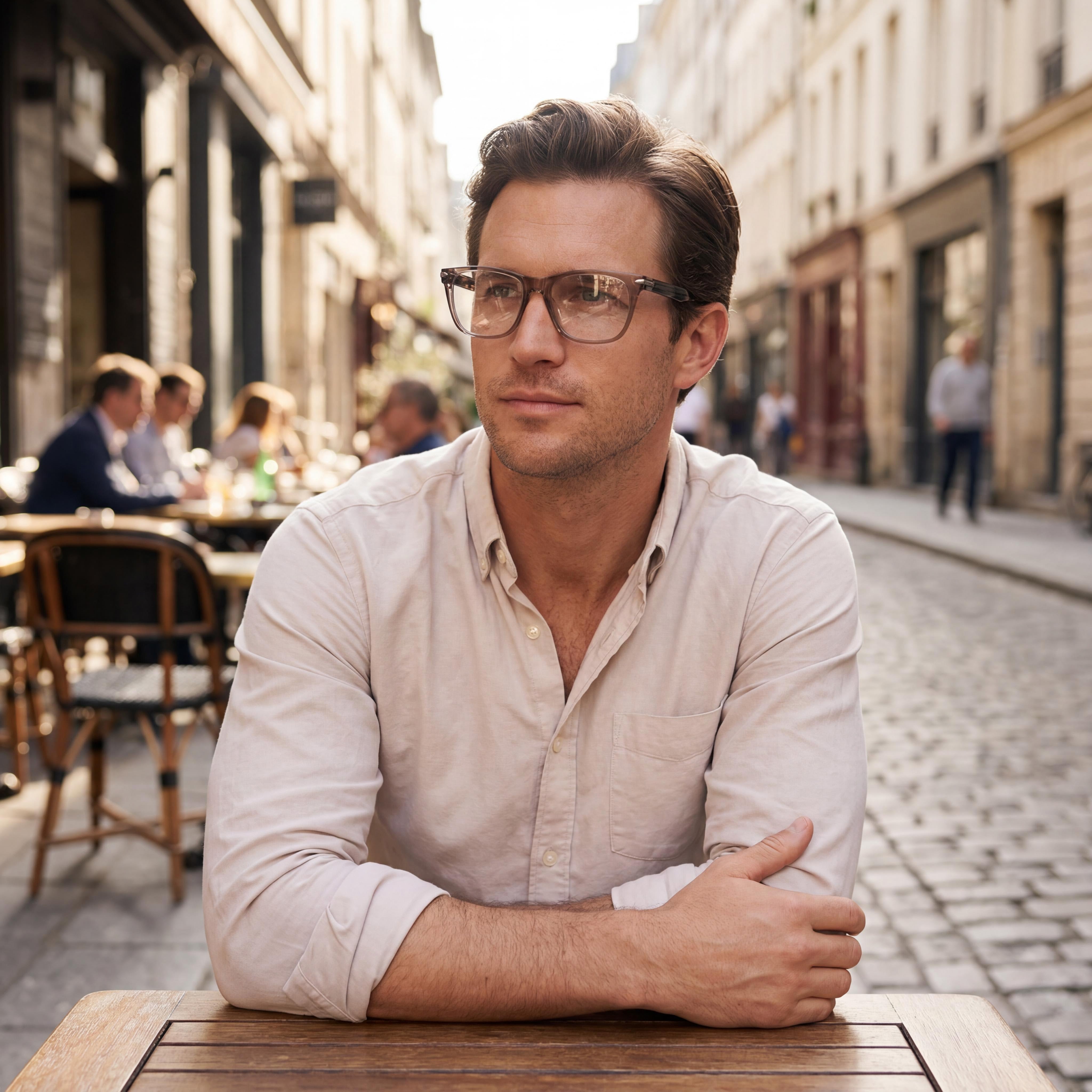 Gafas casuales de hombre rag & bone con montura de acetato gris beige y cristales transparentes 54-18-150, Photo 4