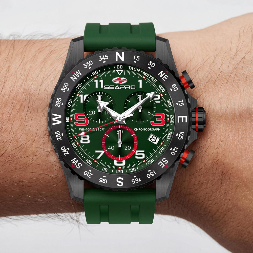 Reloj cronógrafo de cuarzo Seapro para hombre, esfera verde, caja de acero inoxidable, correa de caucho, cristal mineral resistente a arañazos.