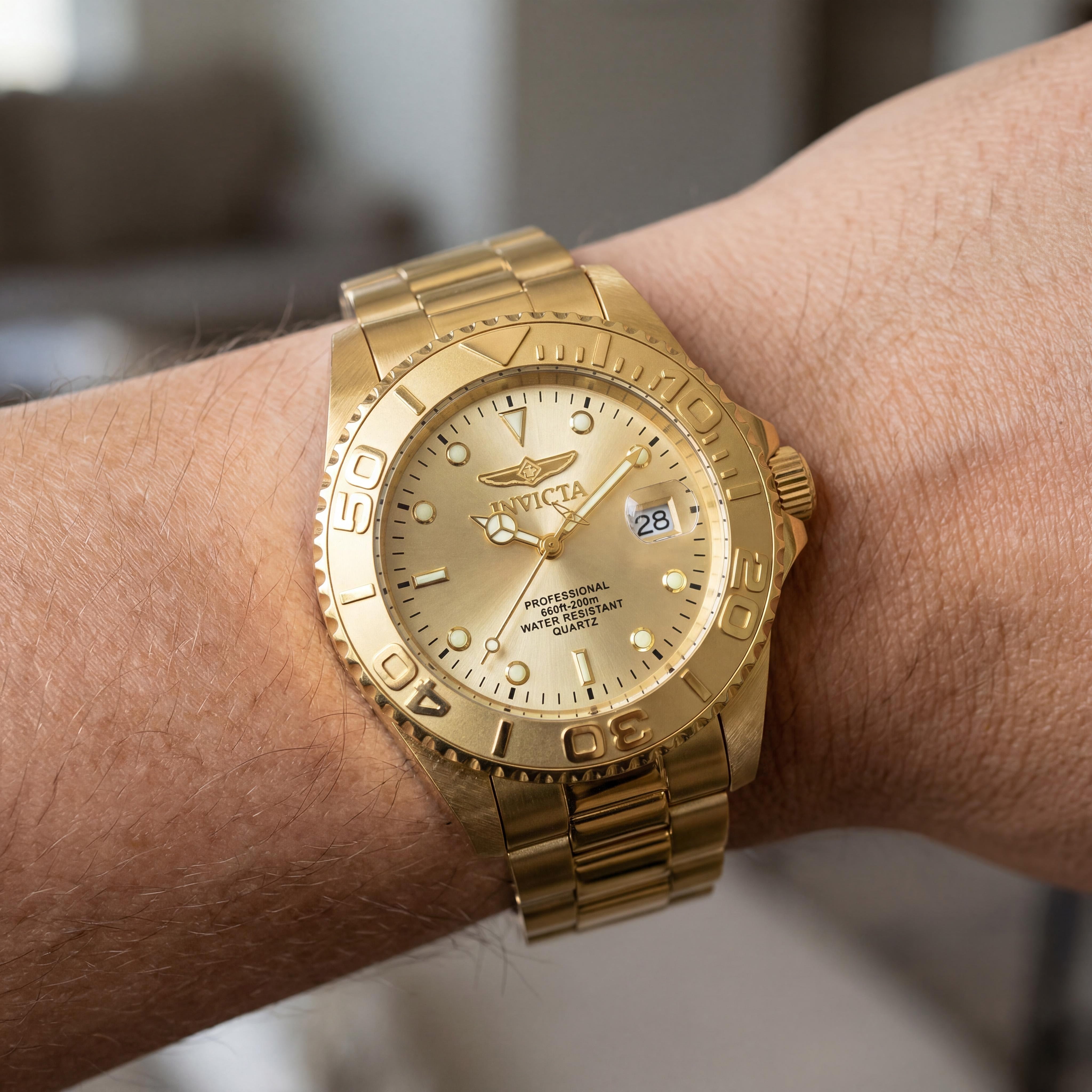 Invicta Pro Diver 69523 Unisex Quartz Watch, Gold Dial, Stainless Steel Bracelet, 43mm, 3 ATM Water Resistant, Photo 4