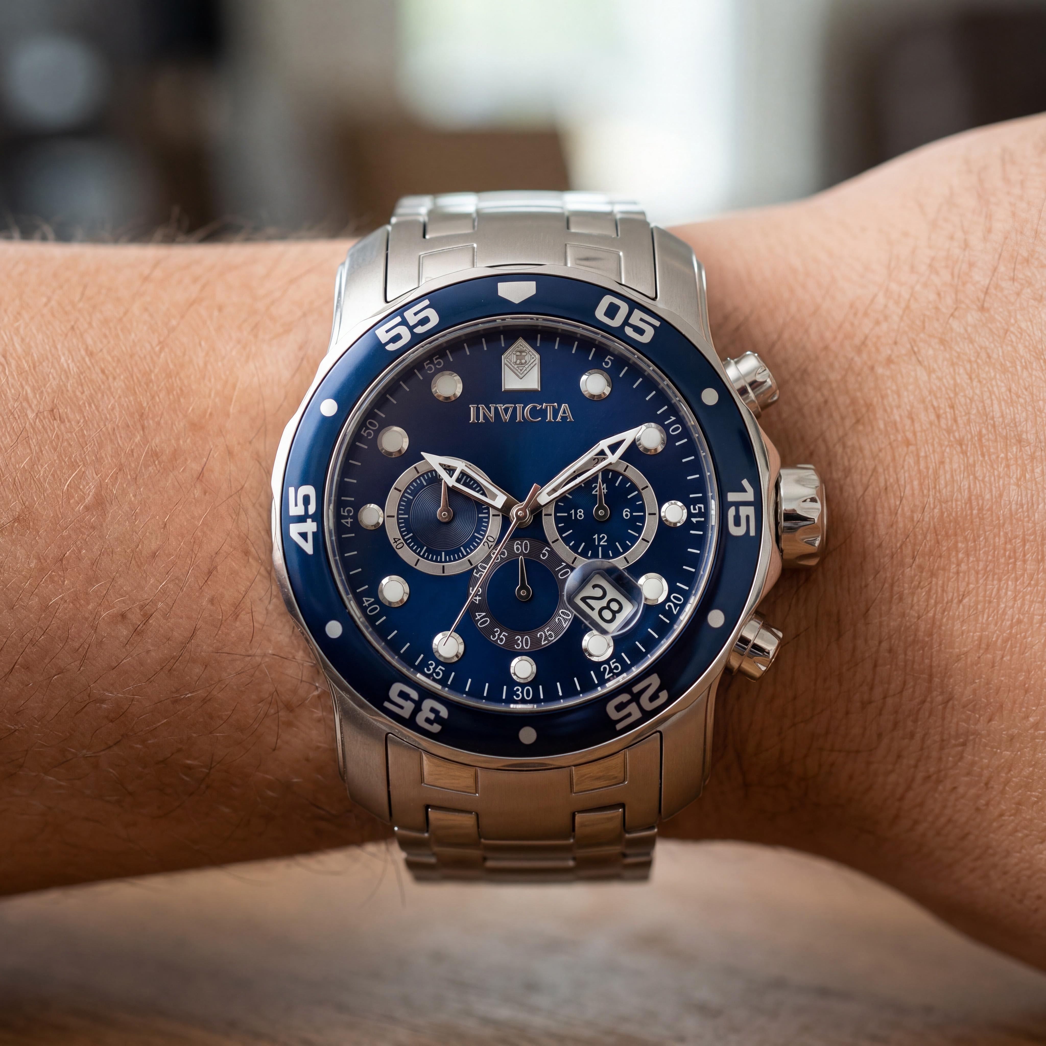 Invicta Pro Diver - SCUBA 0070 Reloj unisex de pulsera de cronógrafo de acero inoxidable de 48 mm con esfera azul, Photo 4