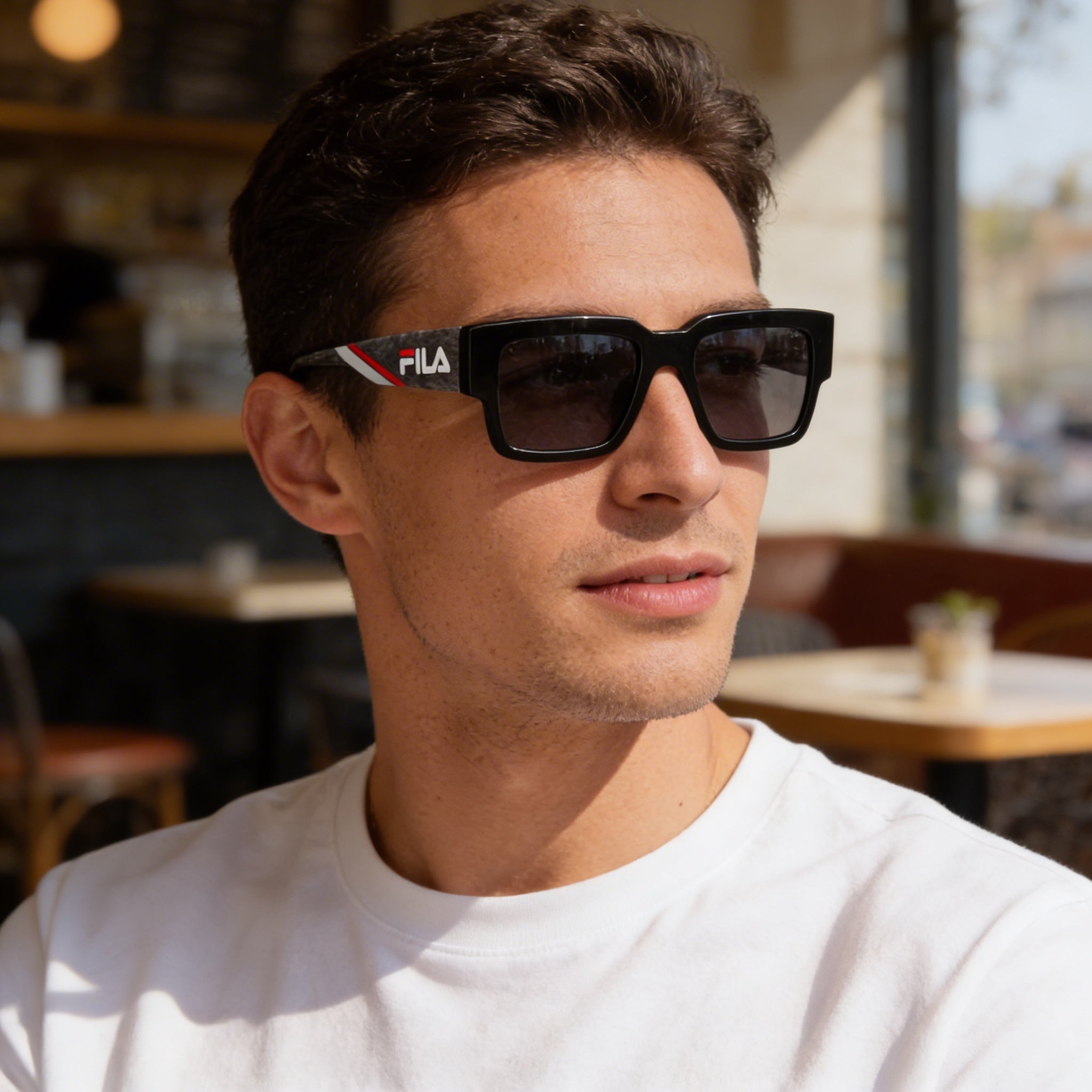 Gafas de sol casuales Fila para hombre con montura de acetato negro brillante y lentes de cristal ahumado 51-20-140, Photo 4