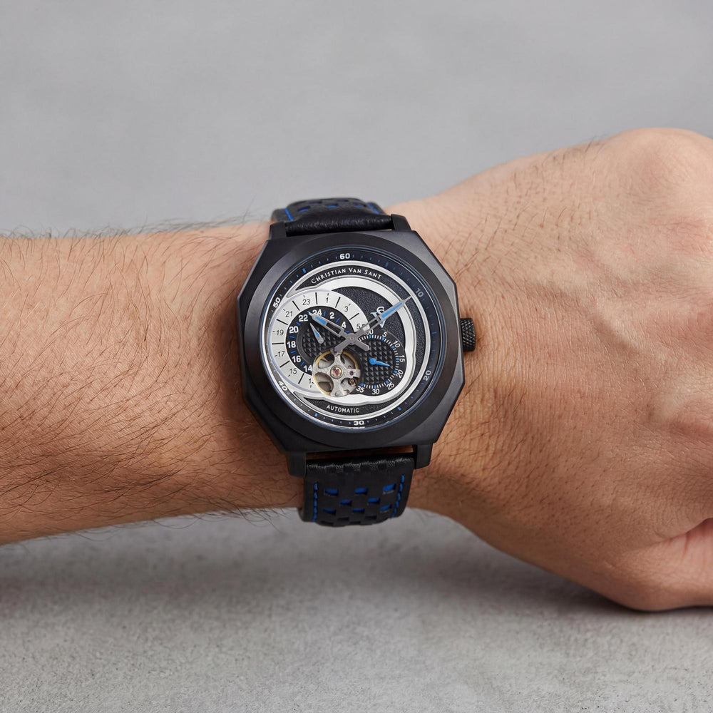 Christian Van Sant Modern Men's Automatic Multifunction Watch with Black Case, Black Dial, Scratch-Resistant Mineral Crystal