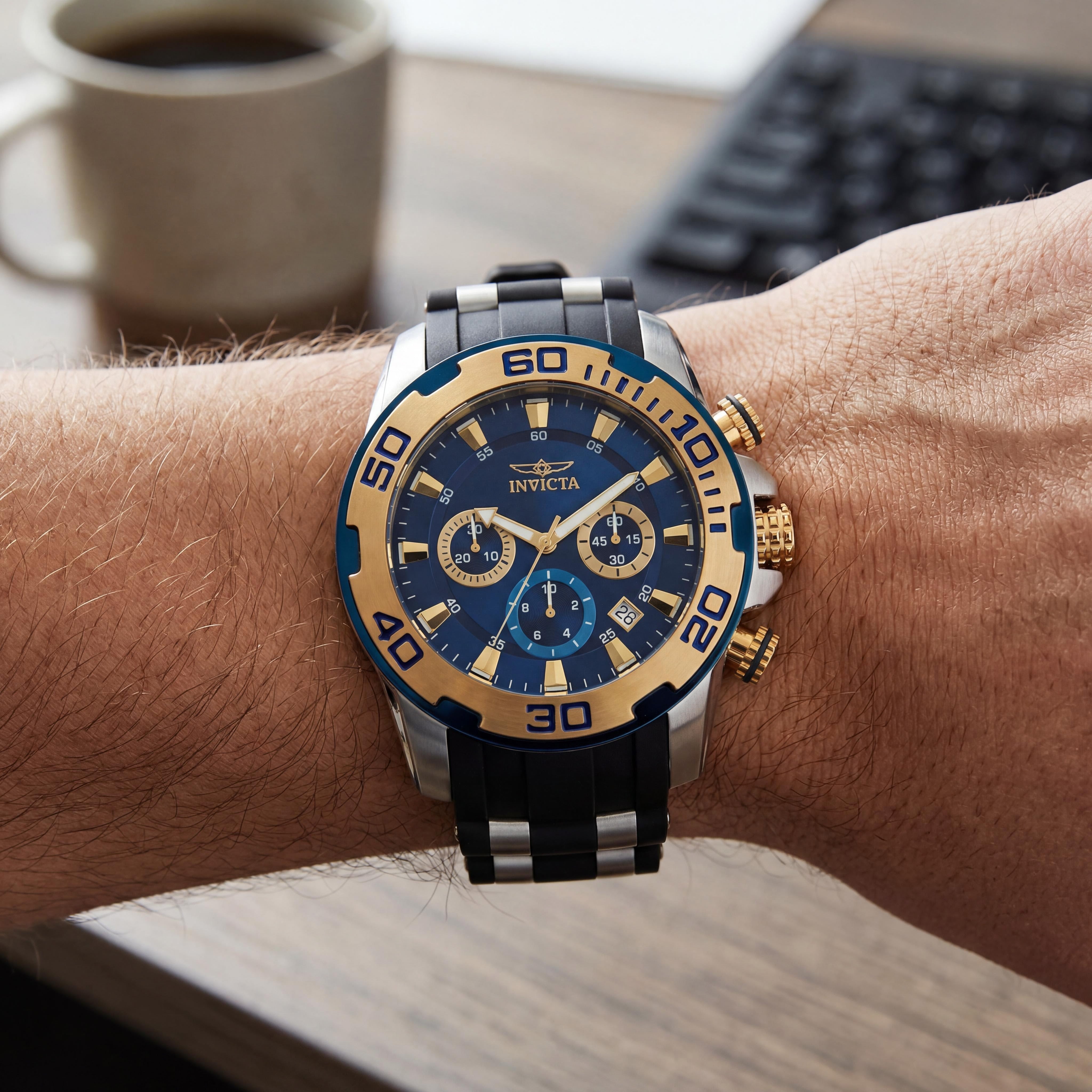 Reloj de buceo de cuarzo cronógrafo Invicta Pro Diver para hombre, bisel azul negro, correa de caucho, resistente al agua 100m, Photo 4