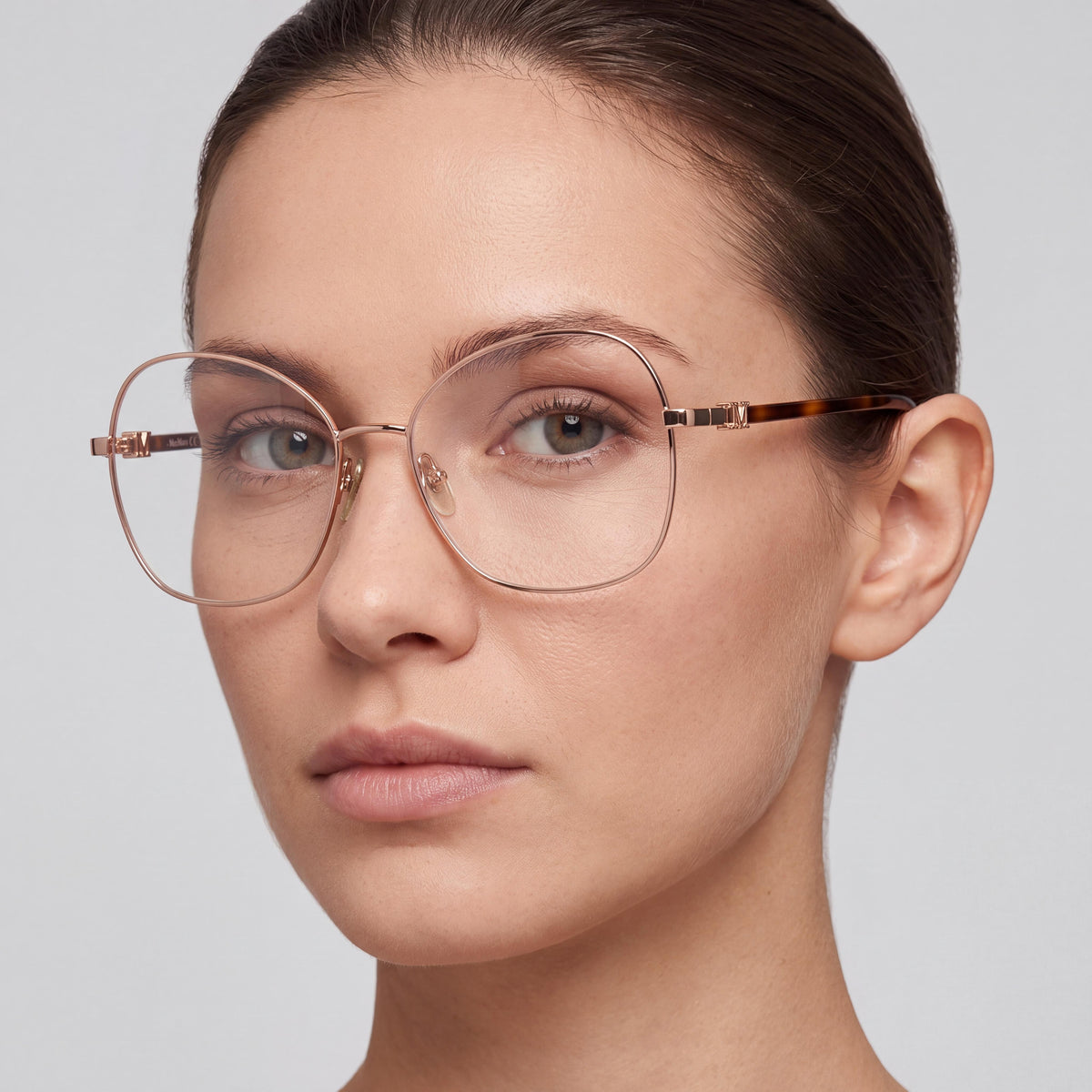 Gafas de sol MaxMara para mujer, estilo casual, montura de metal en oro rosa brillante, lentes transparentes no polarizadas, 55-16-140, Photo 4